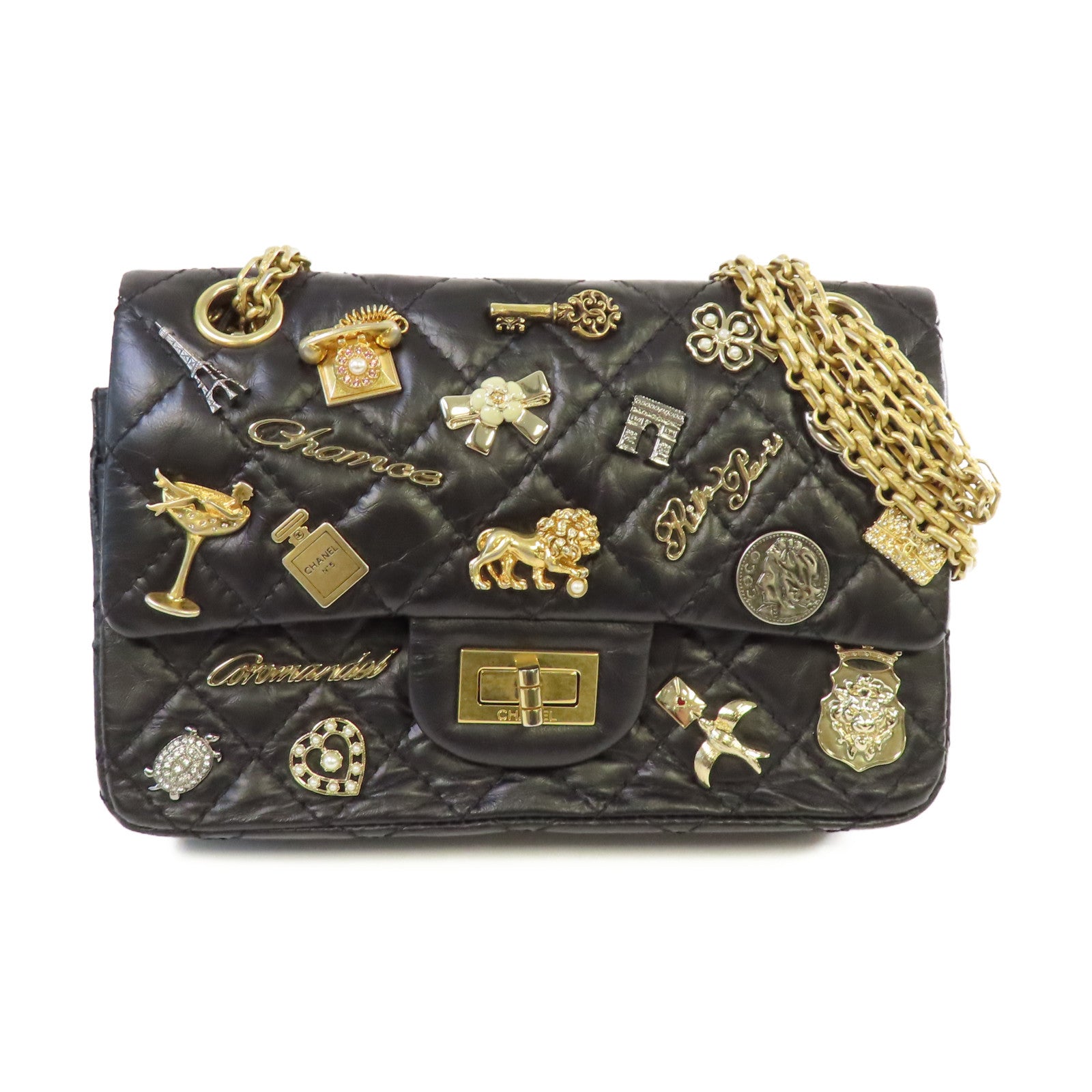 CHANEL 菱格牛皮皮革Lucky Charm 2.55 Chain Shoulder Bag金扣鏈帶肩背袋黑色