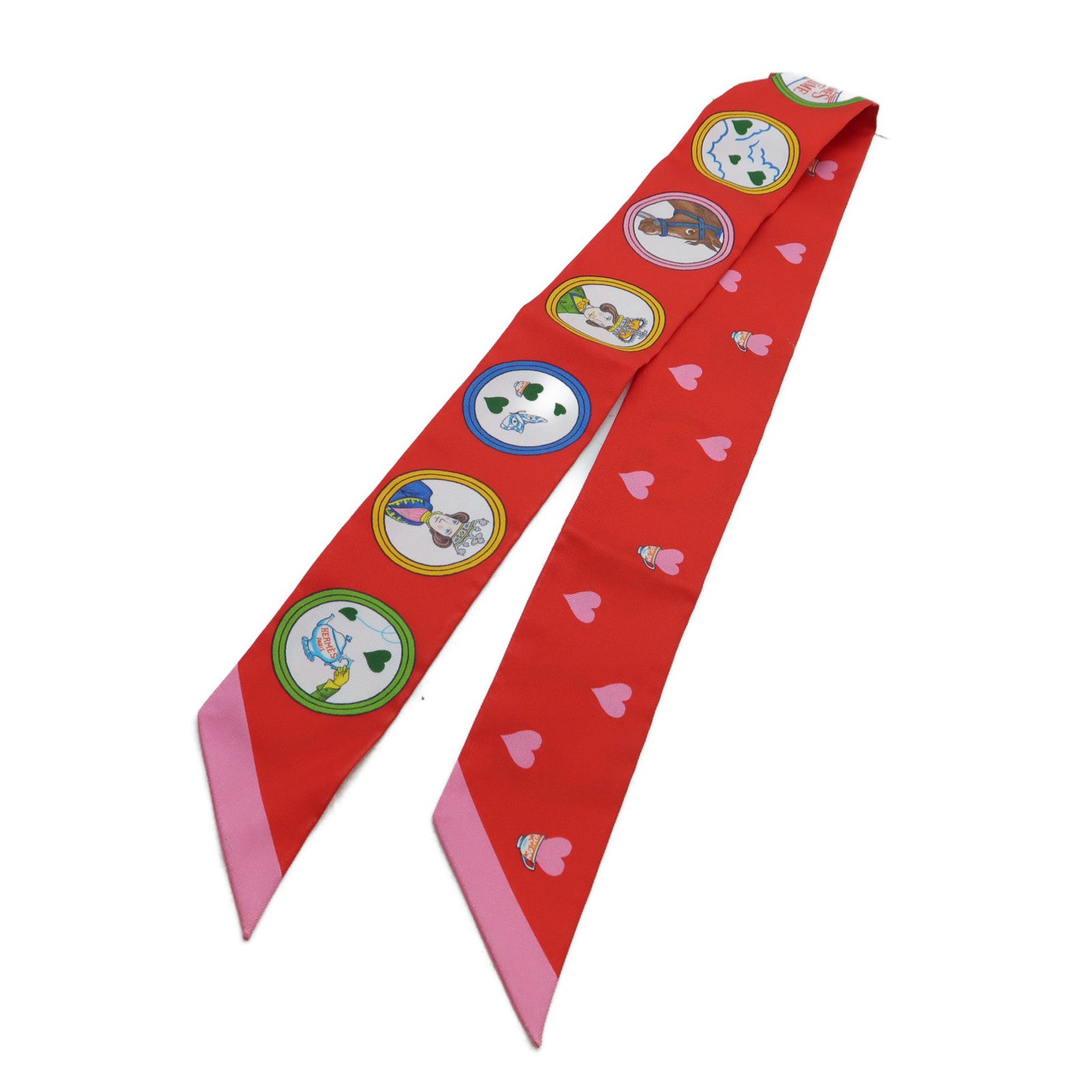 HERMES 【激減優惠】絲質Valentine's Twilly絲巾粉紅色/紅色