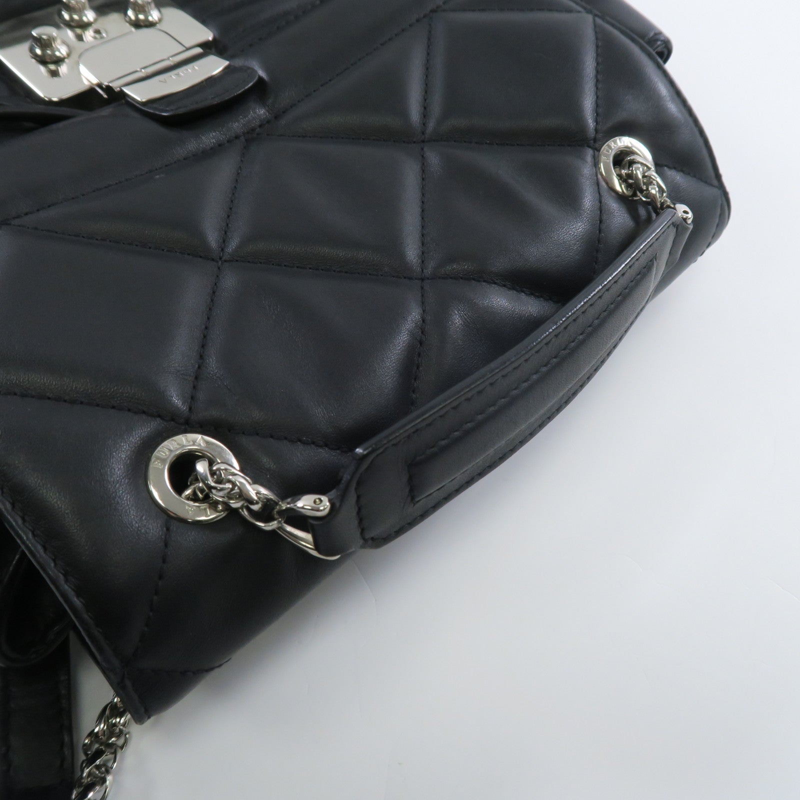 Furla 牛皮皮革Backpack銀扣鏈帶背包黑色