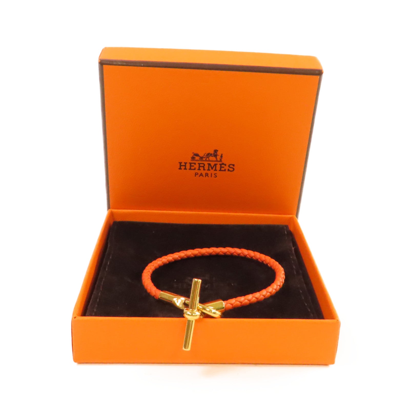 HERMES 牛皮皮革Glenan Bracelet金扣手鏈橙色