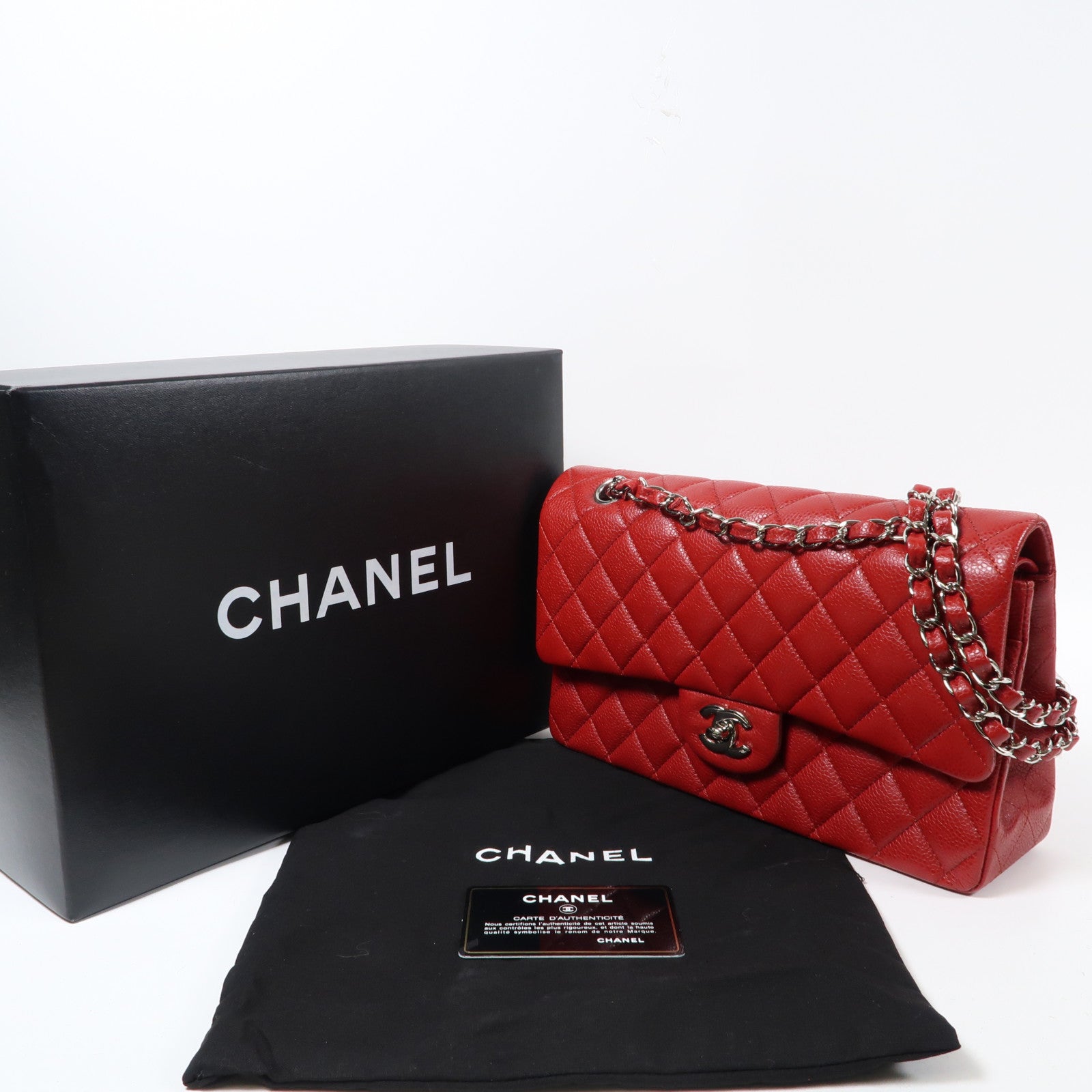 CHANEL 菱格Caviar皮革Classic Flap 25銀扣鏈帶肩背袋紅色