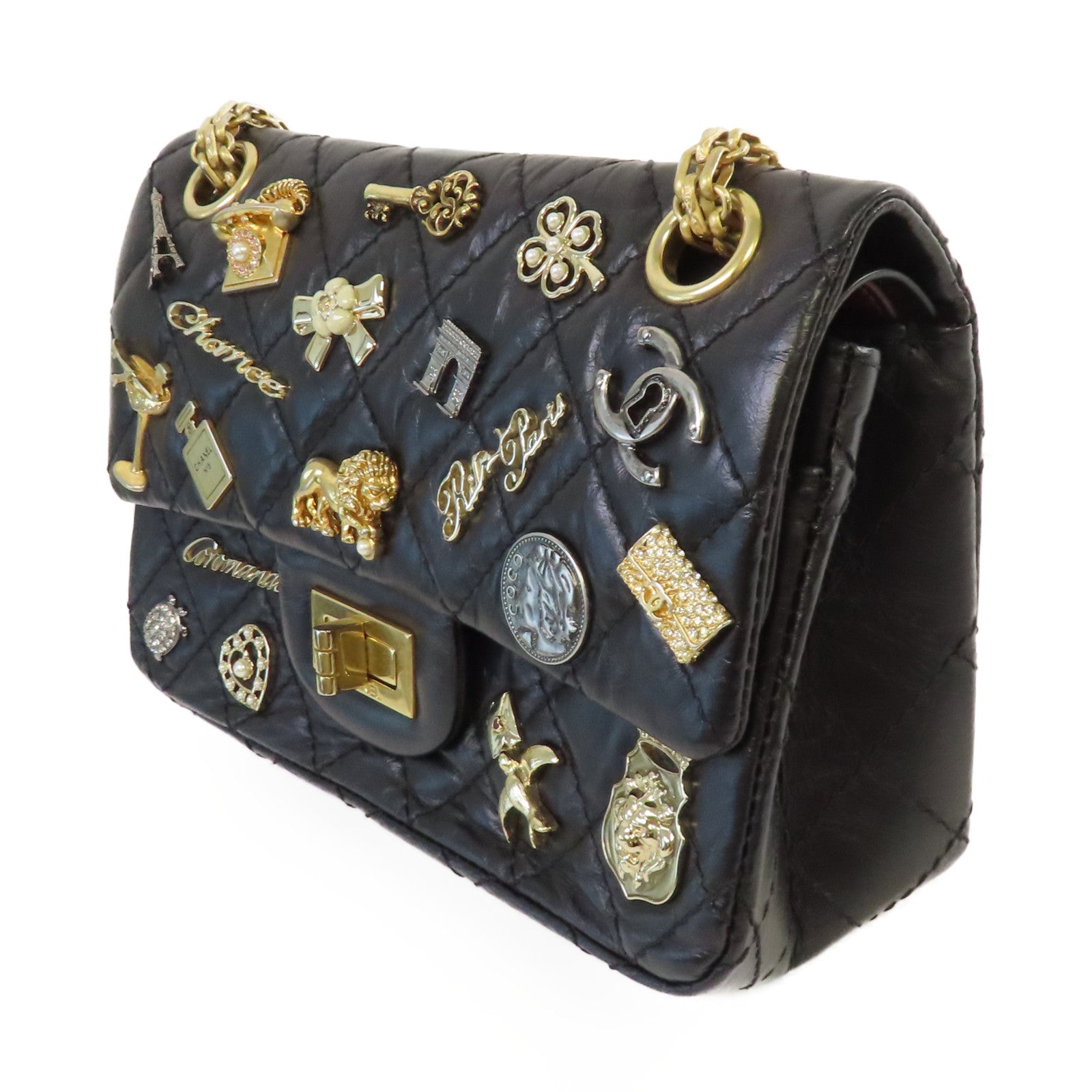 CHANEL 菱格牛皮皮革Lucky Charm 2.55 Chain Shoulder Bag金扣鏈帶肩背袋黑色