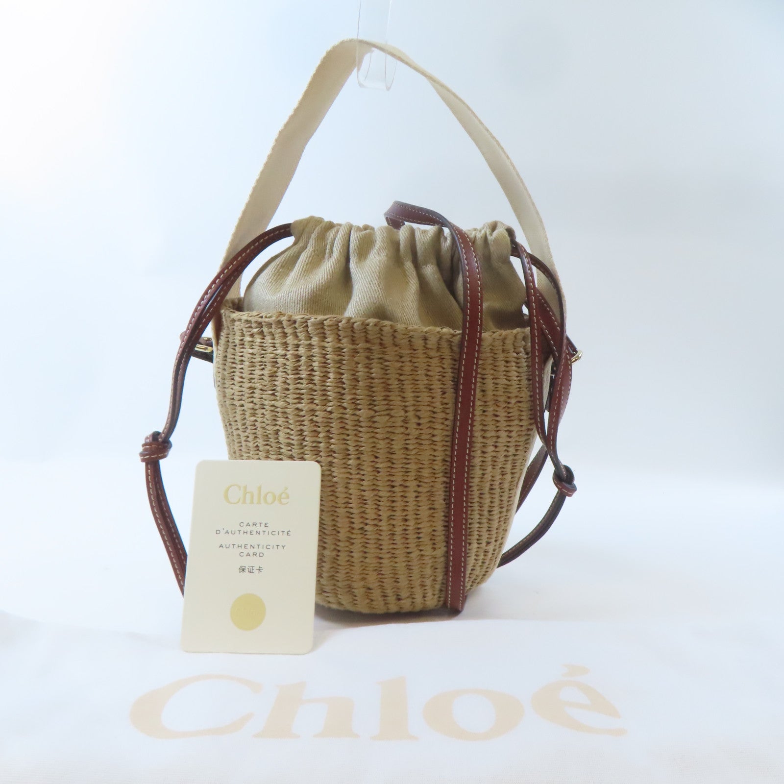 Chloe 帆布/拉菲草/牛皮皮革Woody Basket金扣手挽肩背兩用袋啡色/淺褐色