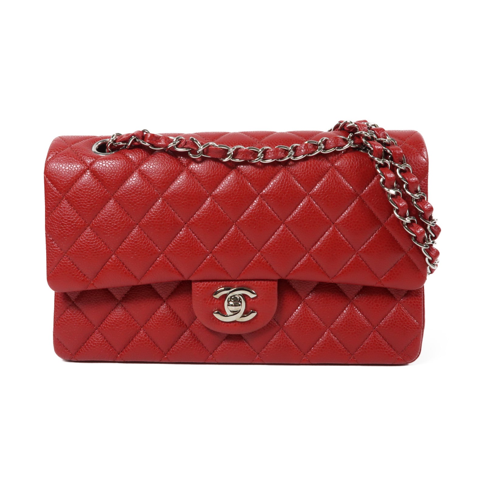CHANEL 菱格Caviar皮革Classic Flap 25銀扣鏈帶肩背袋紅色