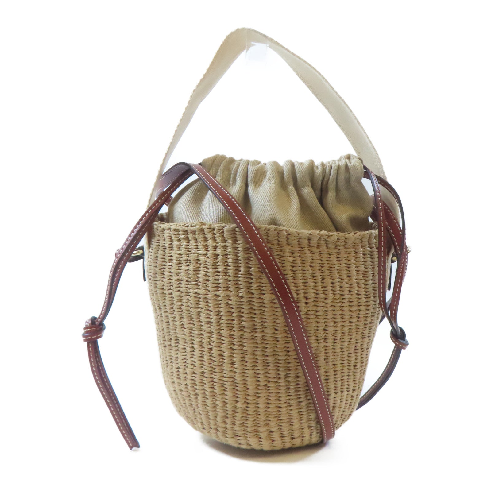 Chloe 帆布/拉菲草/牛皮皮革Woody Basket金扣手挽肩背兩用袋啡色/淺褐色