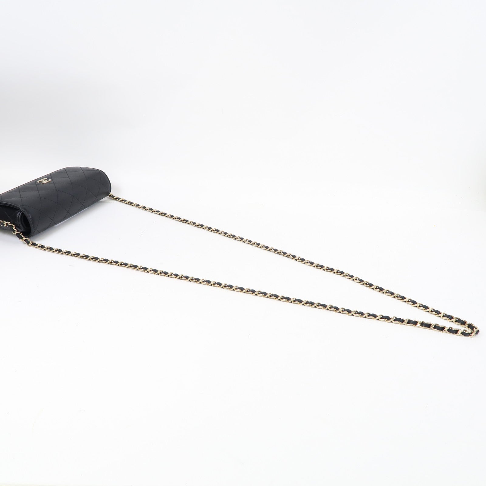 CHANEL 菱格牛皮皮革Chain Shoulder金扣鏈帶肩背袋黑色