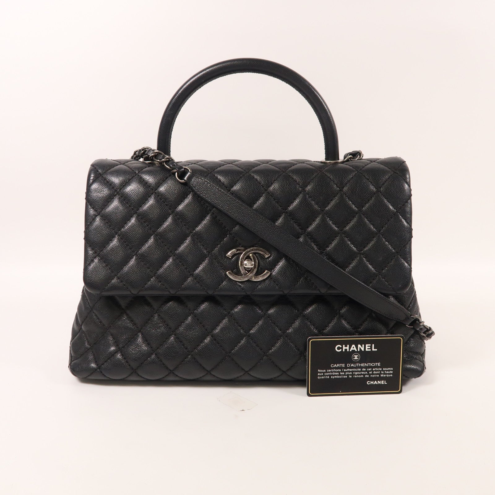 CHANEL 牛皮皮革Coco Handle Large銀扣手挽肩背兩用袋