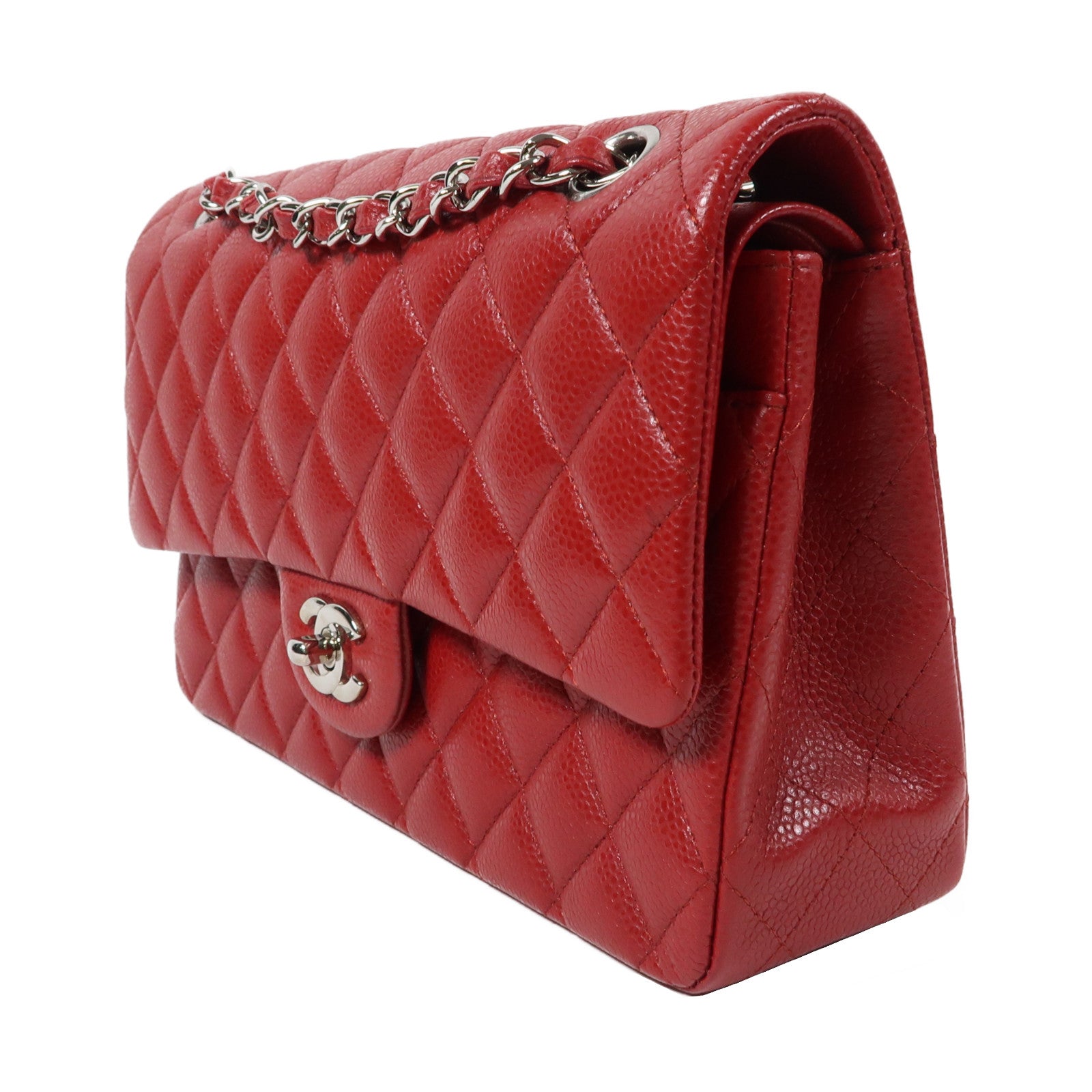 CHANEL 菱格Caviar皮革Classic Flap 25銀扣鏈帶肩背袋紅色