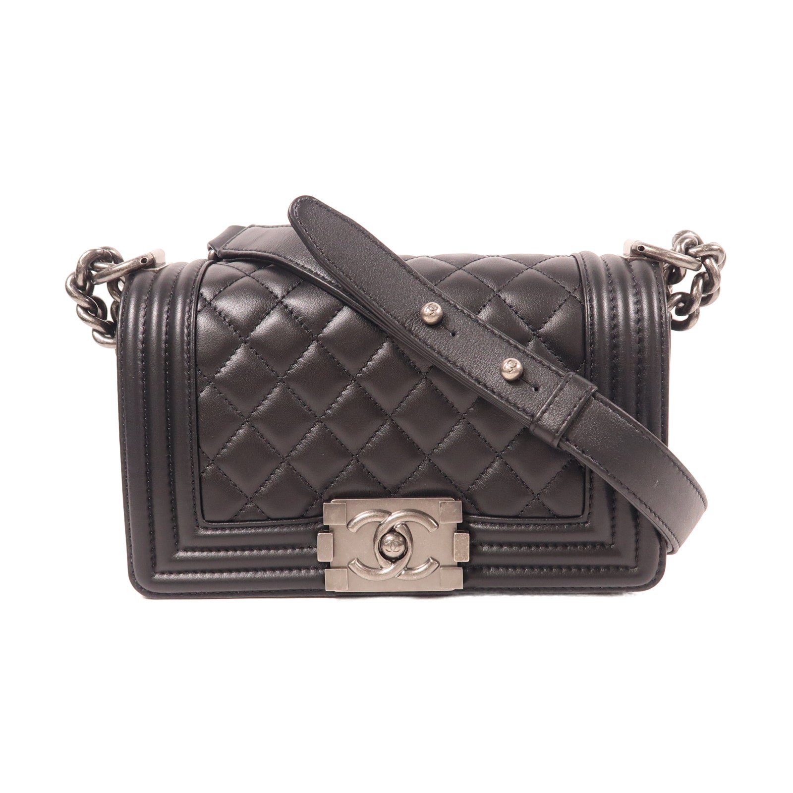 CHANEL 羊皮皮革Boy 20銀扣鏈帶肩背袋