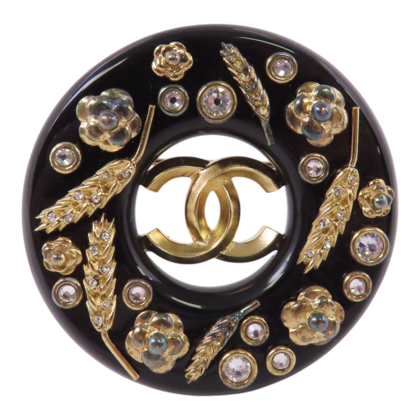 CHANEL GHW Brooch D20/A Metal PVC Rhinestone Black