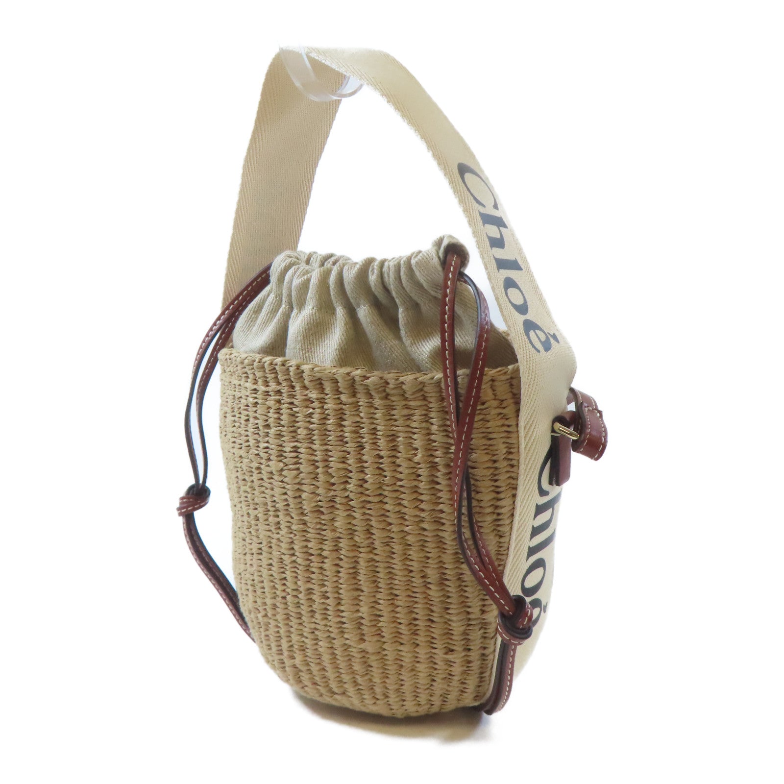 Chloe 帆布/拉菲草/牛皮皮革Woody Basket金扣手挽肩背兩用袋啡色/淺褐色