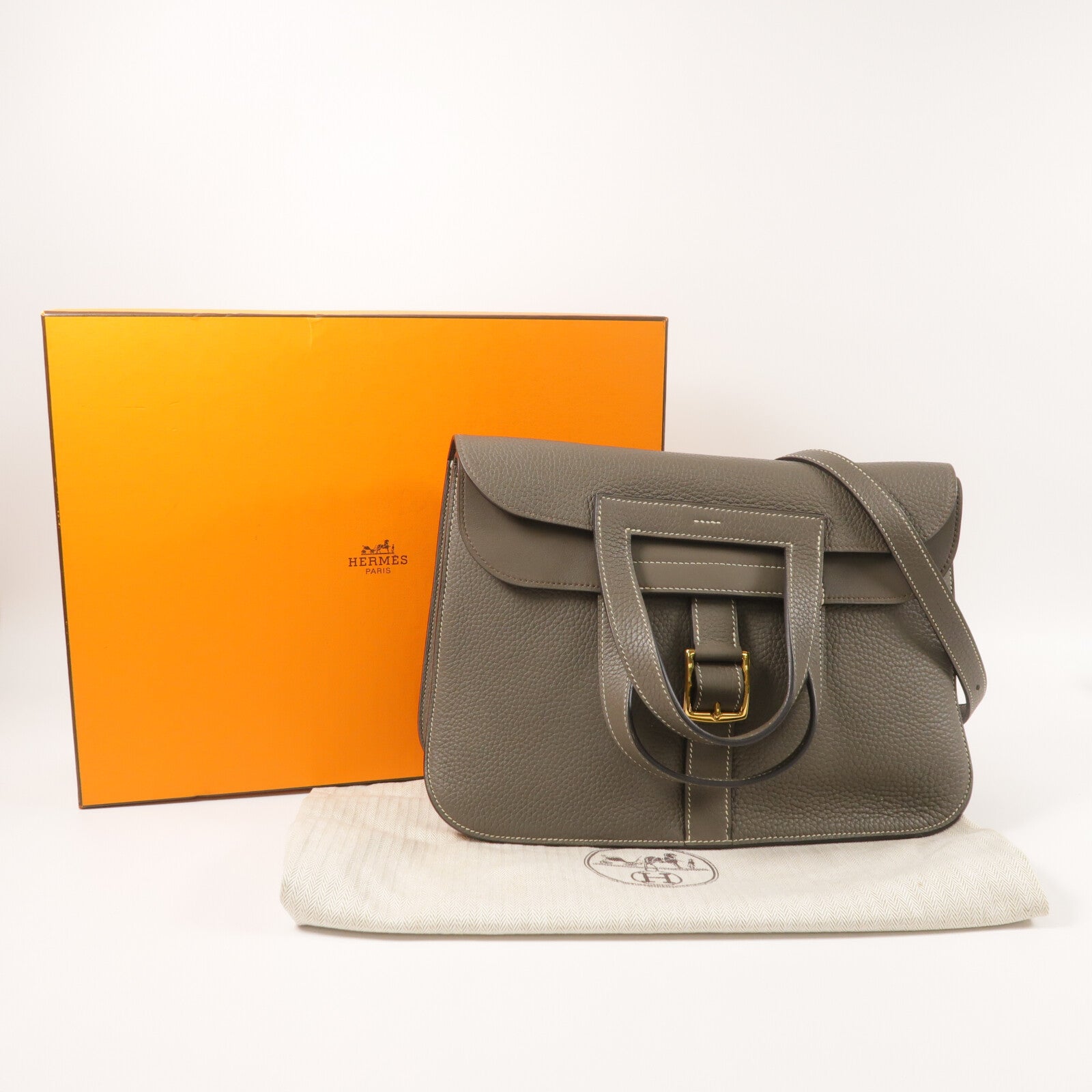 HERMES Clemence皮革Halzan 31金扣手挽肩背兩用袋Etain
