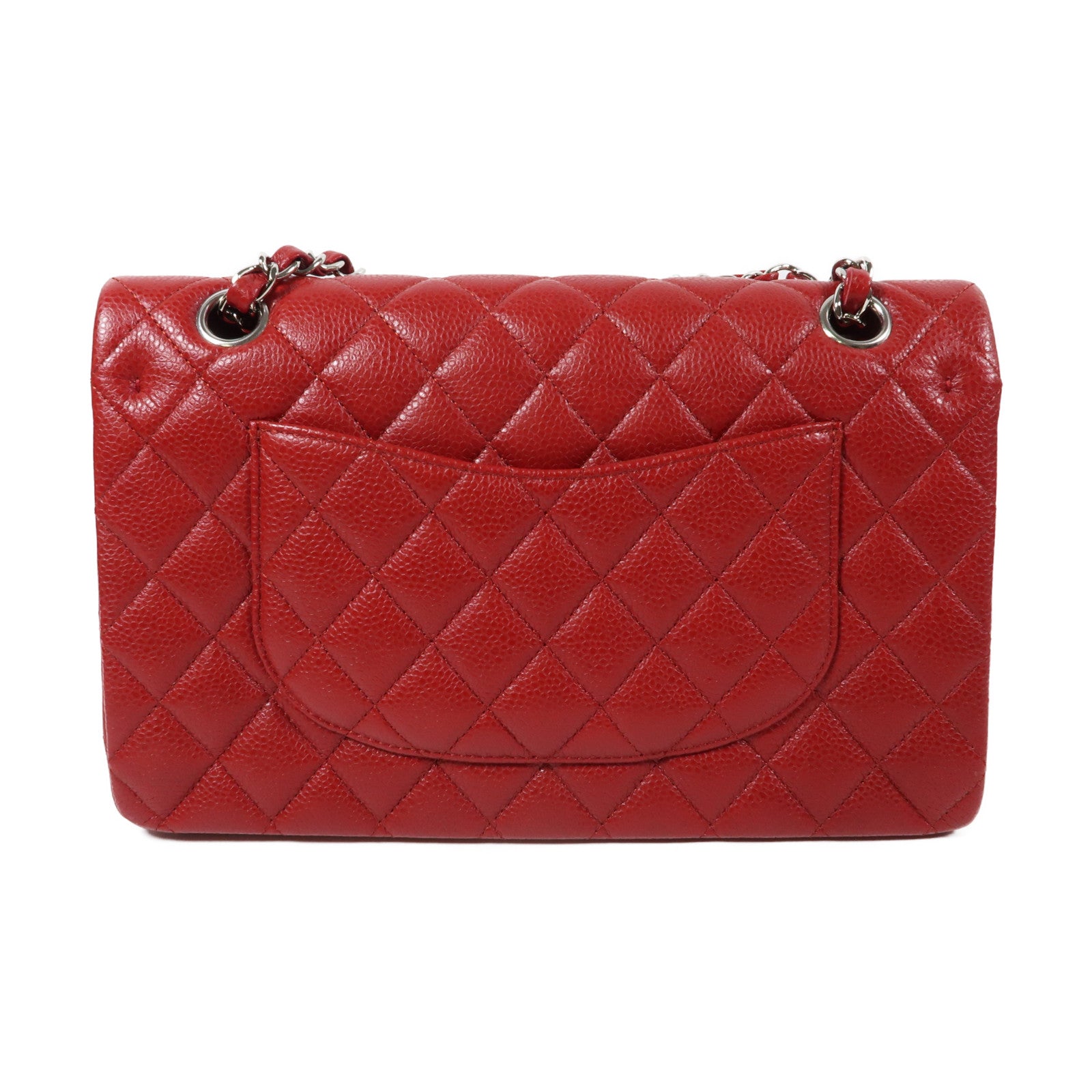 CHANEL 菱格Caviar皮革Classic Flap 25銀扣鏈帶肩背袋紅色