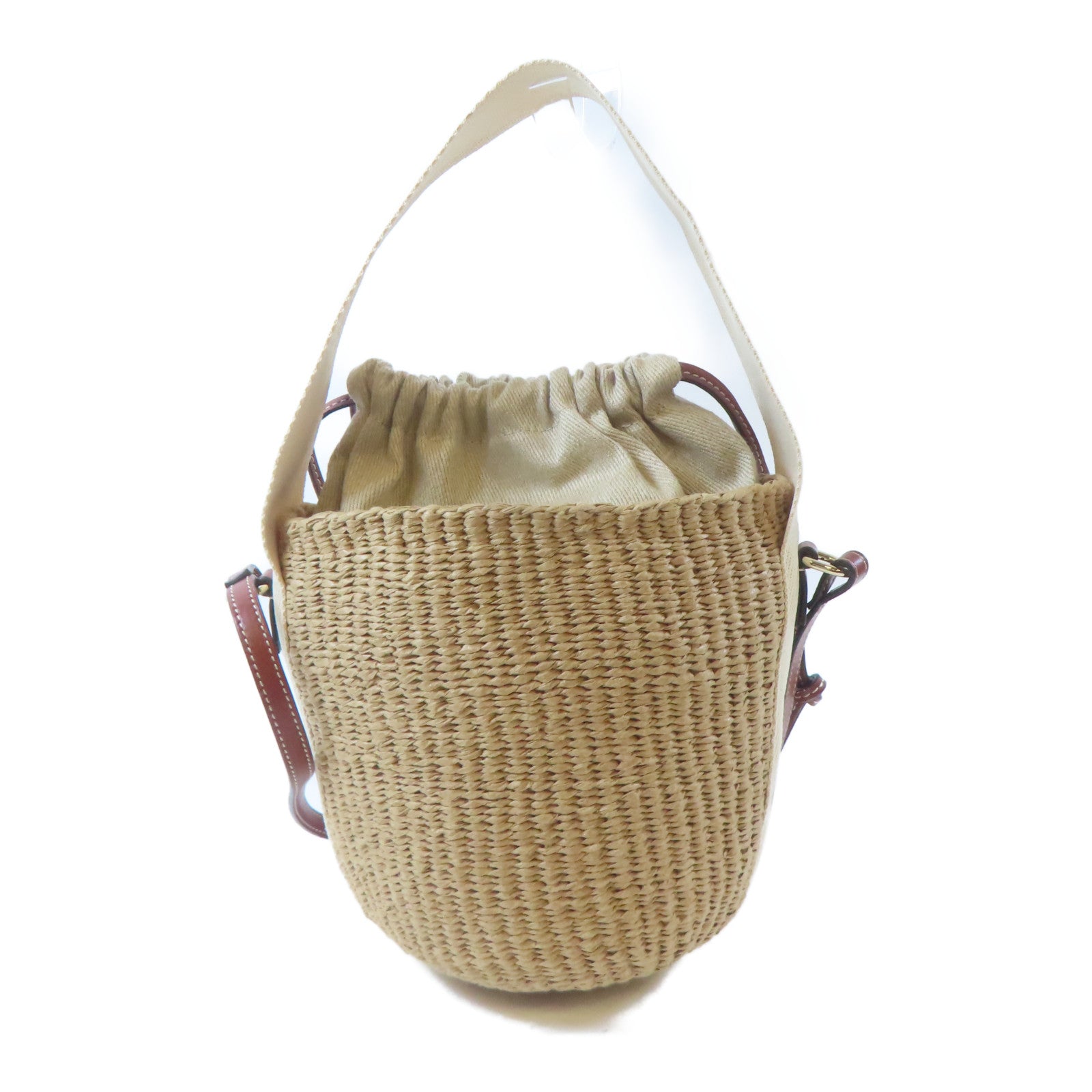 Chloe 帆布/拉菲草/牛皮皮革Woody Basket金扣手挽肩背兩用袋啡色/淺褐色