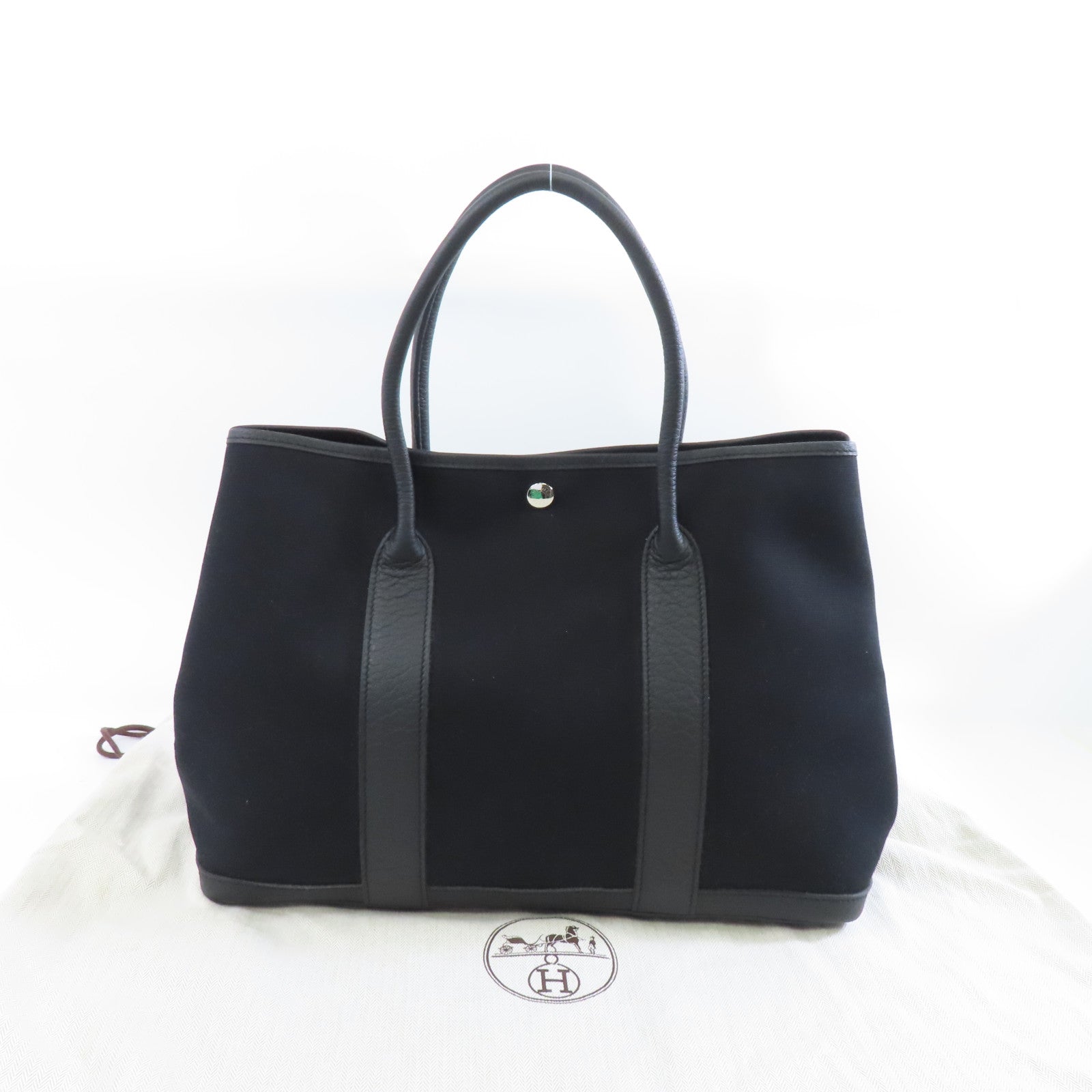 HERMES 帆布/皮革Garden Party PM銀扣手挽袋黑色
