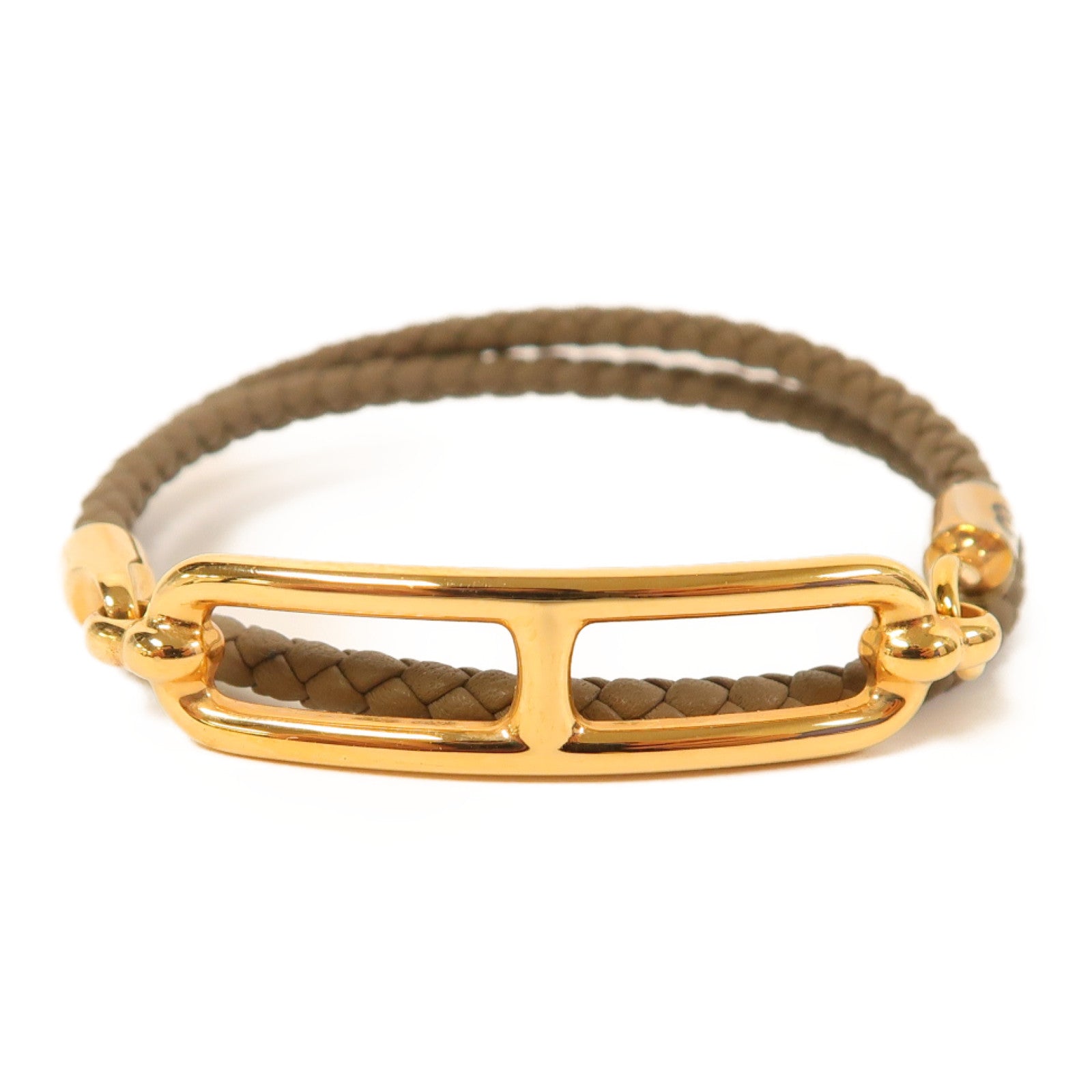 HERMES Swift皮革/金屬Roulis Double Bracelet金扣手鐲啡色