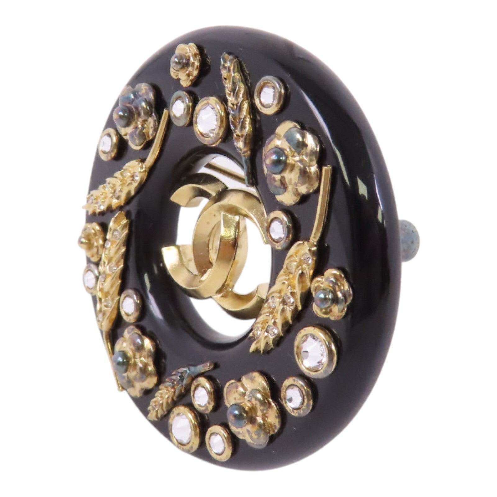 CHANEL GHW Brooch D20/A Metal PVC Rhinestone Black