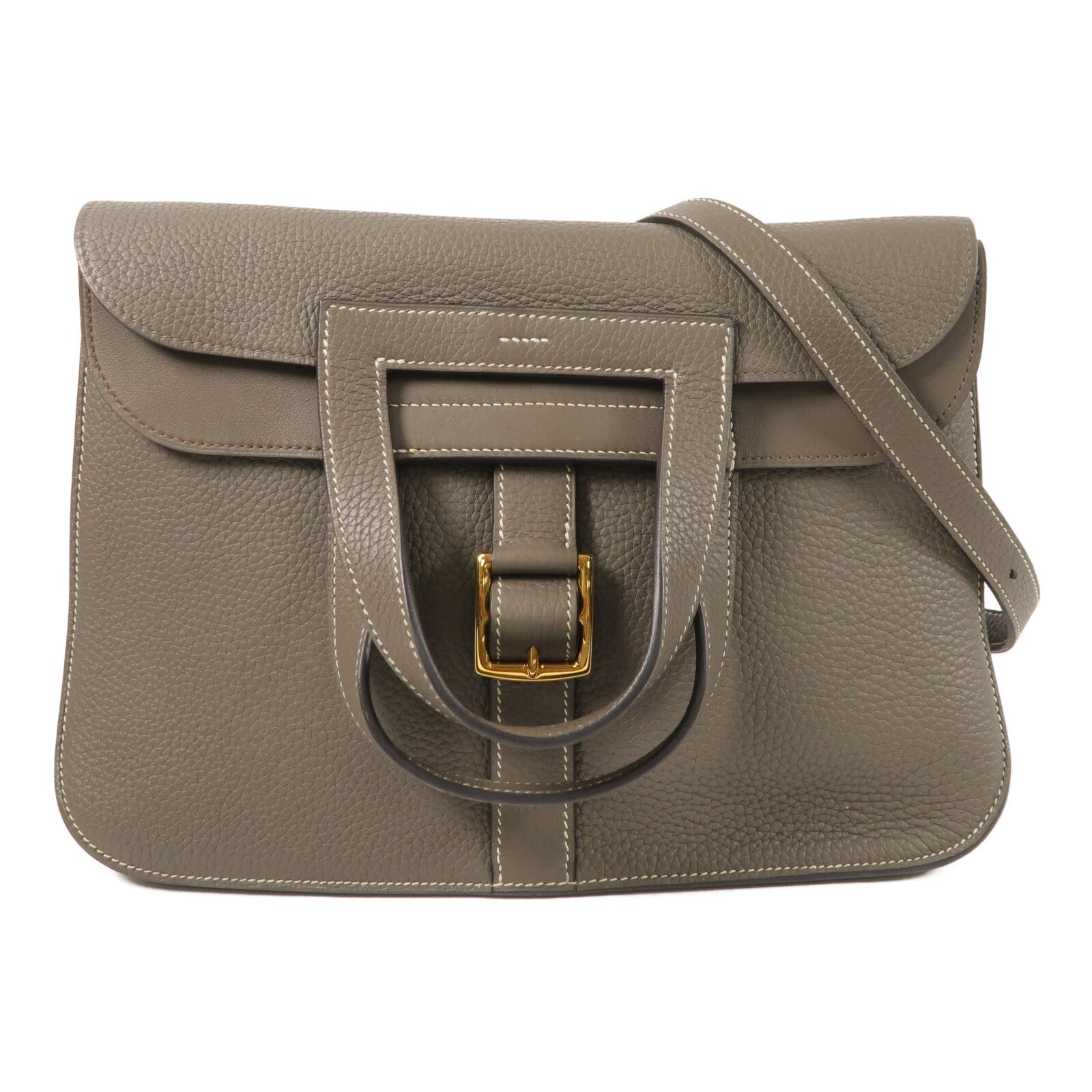 HERMES Clemence皮革Halzan 31金扣手挽肩背兩用袋Etain