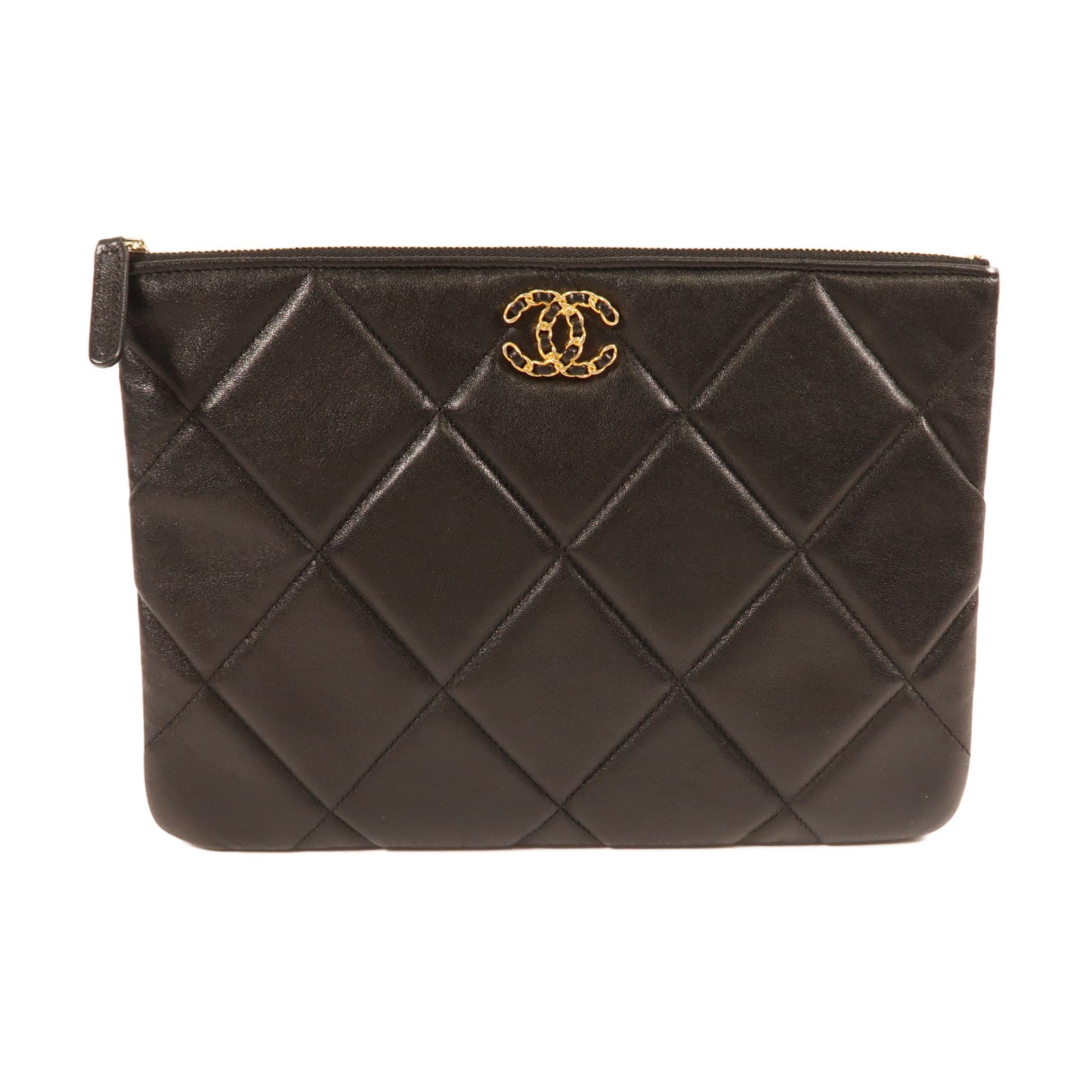CHANEL 羊皮皮革Clutch金扣手拿包黑色