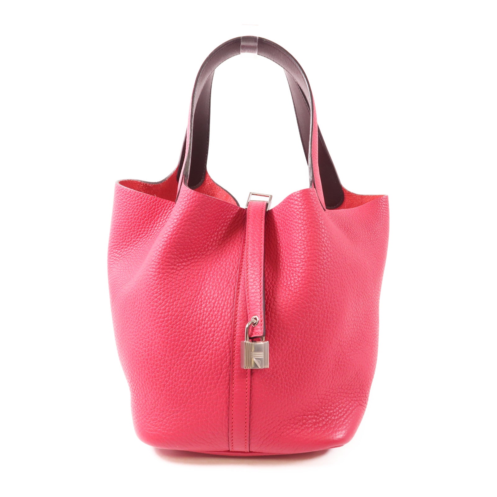 HERMES PHW Picotin MM Handbag Taurillon Clemence Leather Framboise/Rouge Sellier