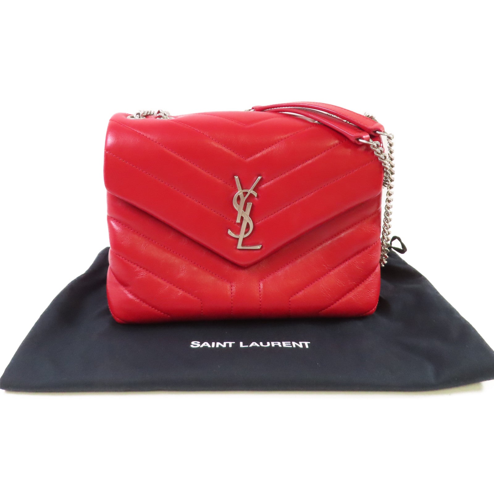 YVES SAINT LAURENT 斜紋牛皮皮革Shoulder Bag金扣鏈帶肩背袋紅色