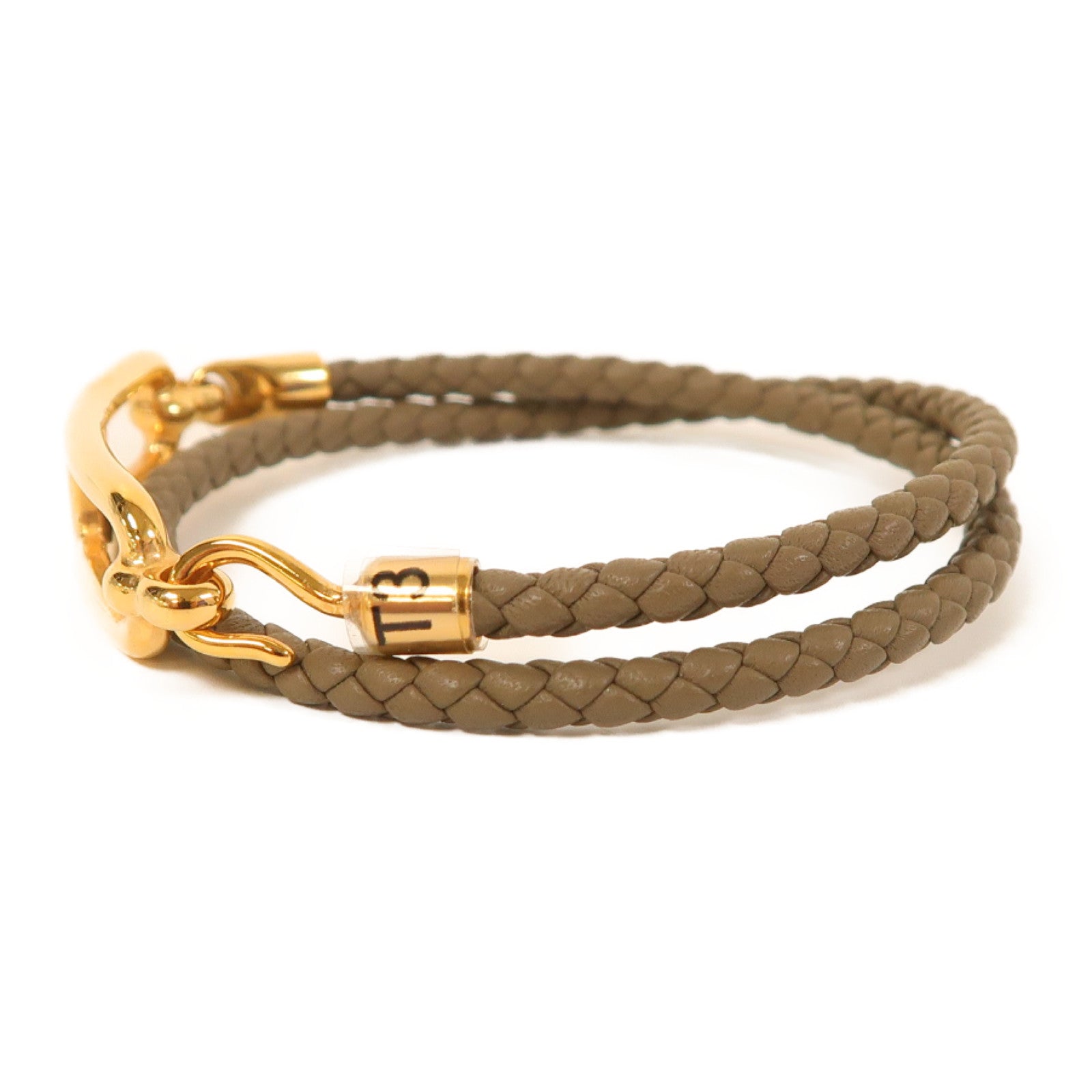 HERMES Swift皮革/金屬Roulis Double Bracelet金扣手鐲啡色