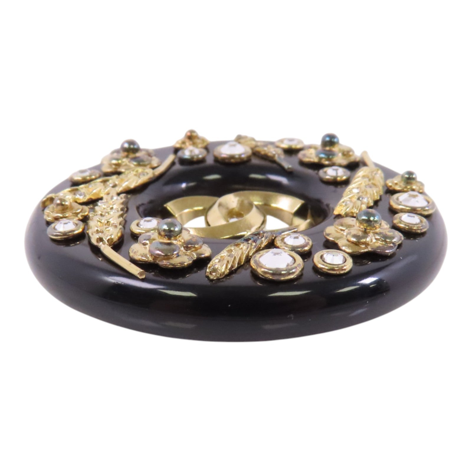 CHANEL GHW Brooch D20/A Metal PVC Rhinestone Black