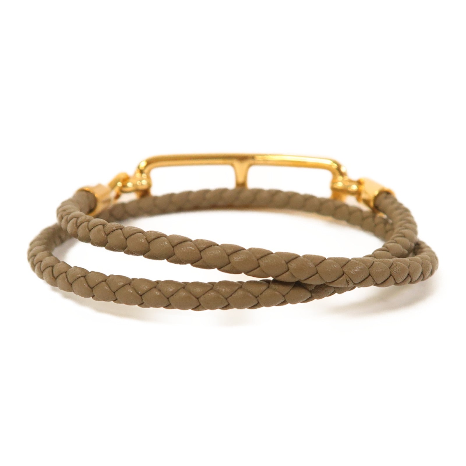 HERMES Swift皮革/金屬Roulis Double Bracelet金扣手鐲啡色
