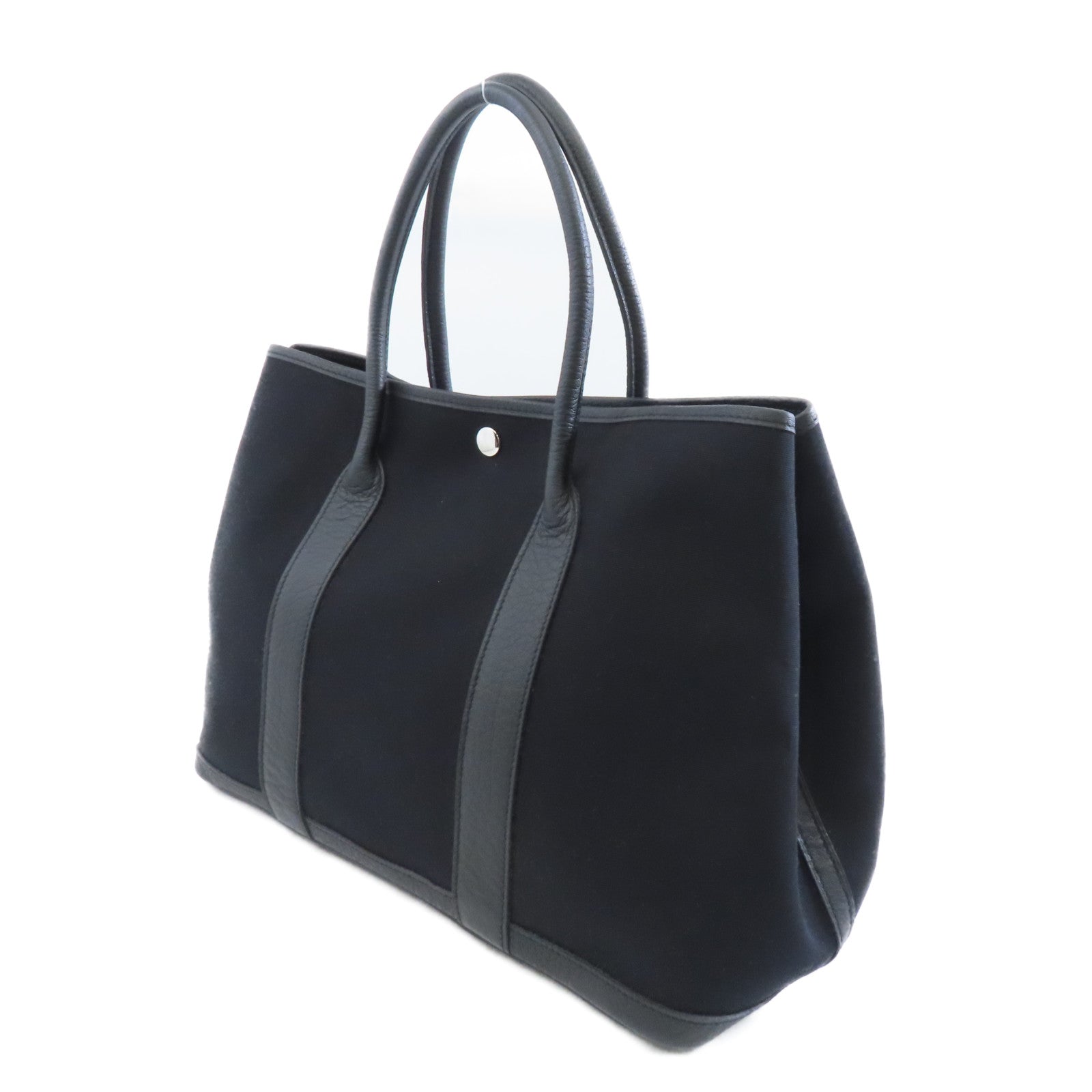 HERMES 帆布/皮革Garden Party PM銀扣手挽袋黑色