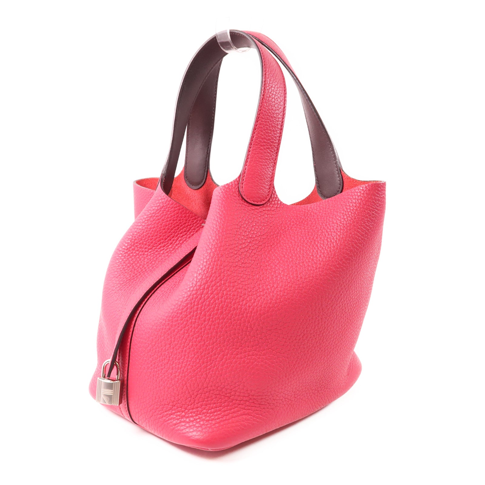 HERMES Clemence皮革Picotin MM銀扣手挽袋Framboise/Rouge Sellier