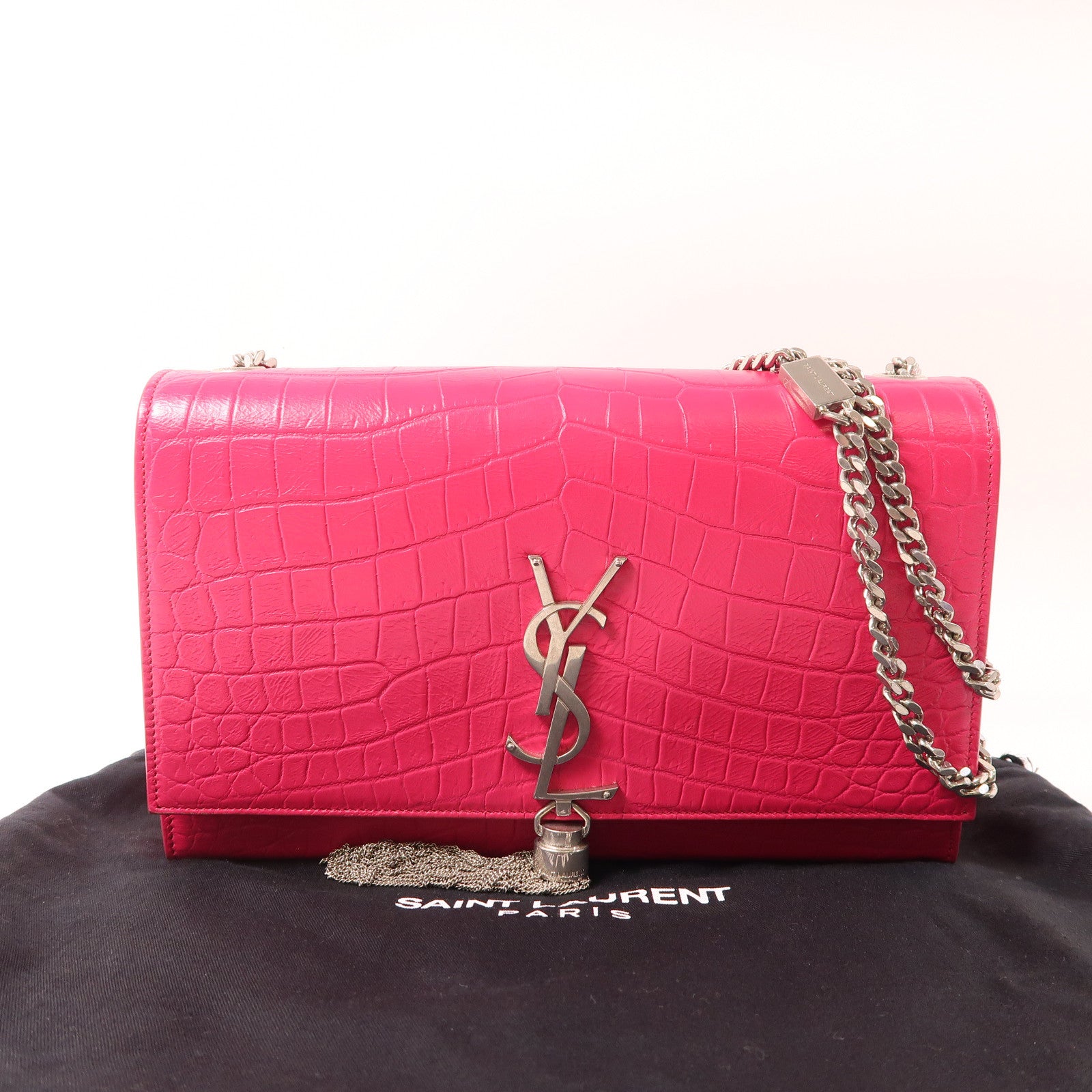 SAINT LAURENT 牛皮皮革Kate銀扣鏈帶肩背袋粉紅色