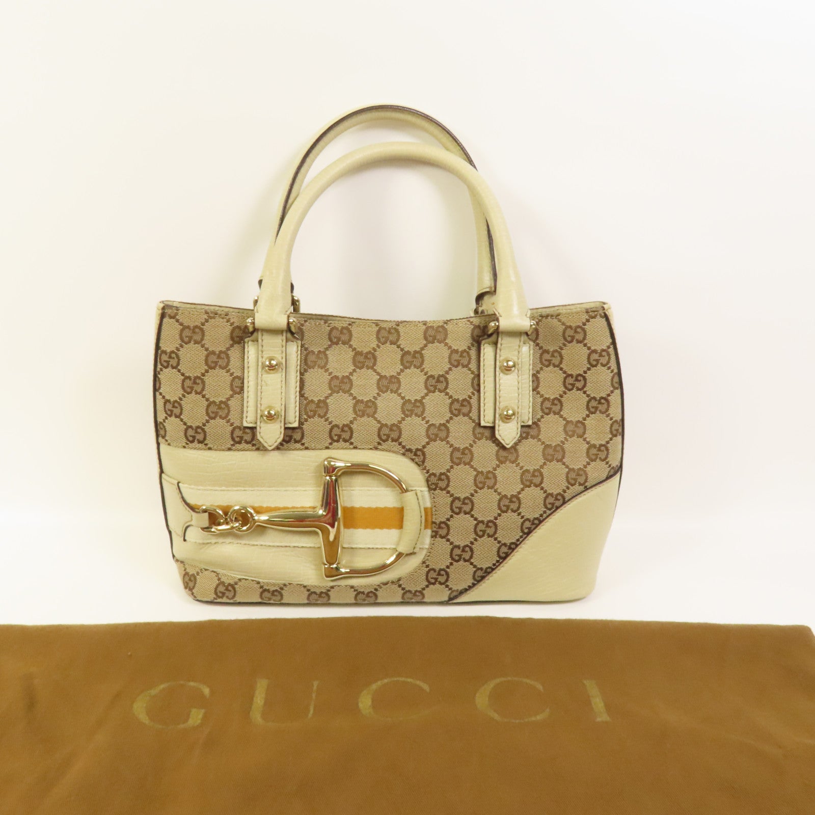 GUCCI 帆布Horsebit Tote金扣手挽袋