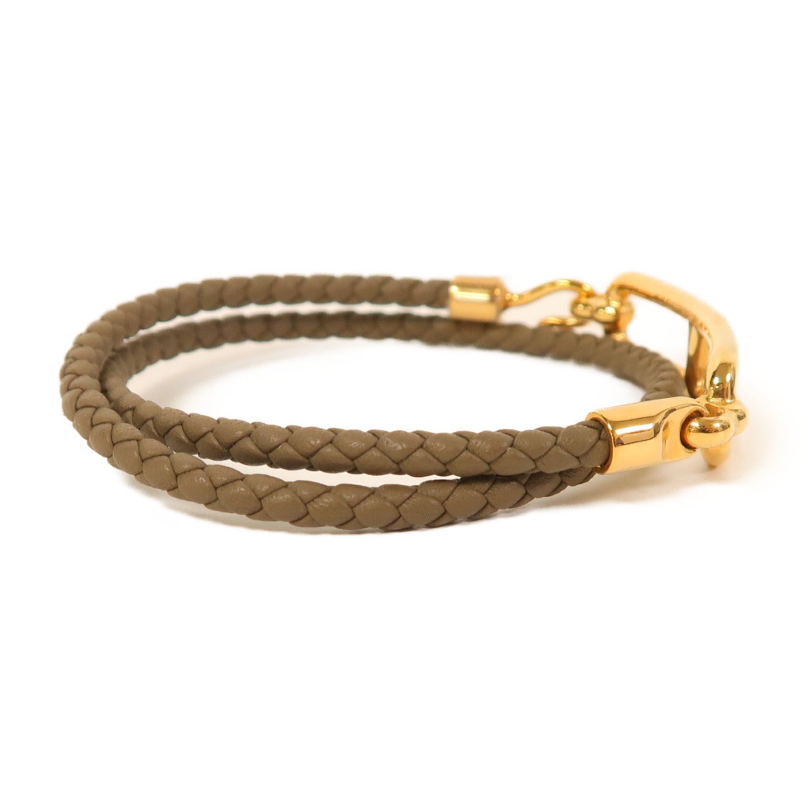 HERMES Swift皮革/金屬Roulis Double Bracelet金扣手鐲啡色