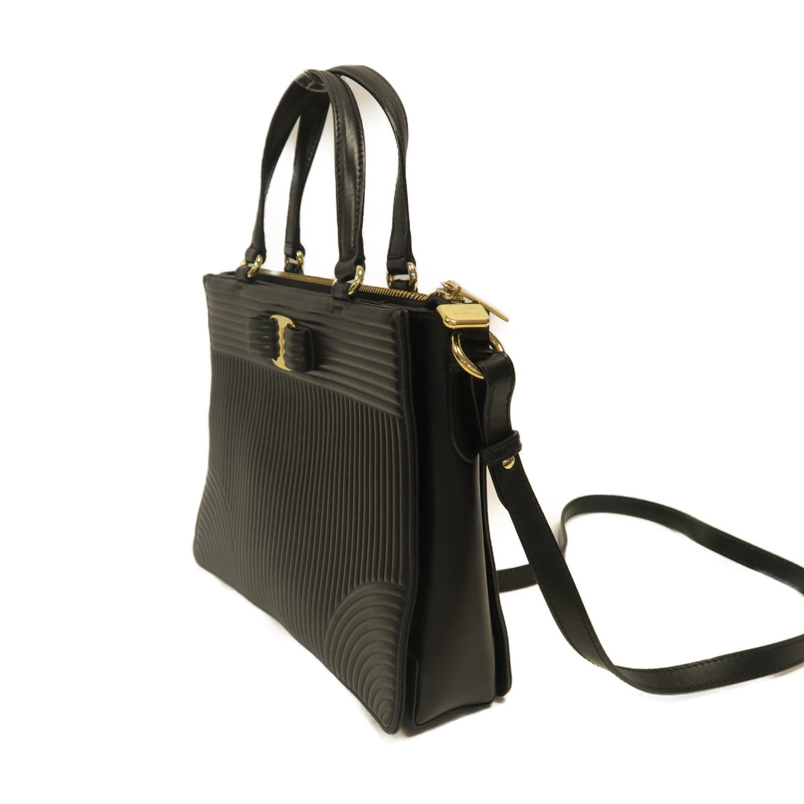 Salvatore Ferragamo 【激減優惠】牛皮皮革Shoulder Bag金扣手挽肩背兩用袋黑色