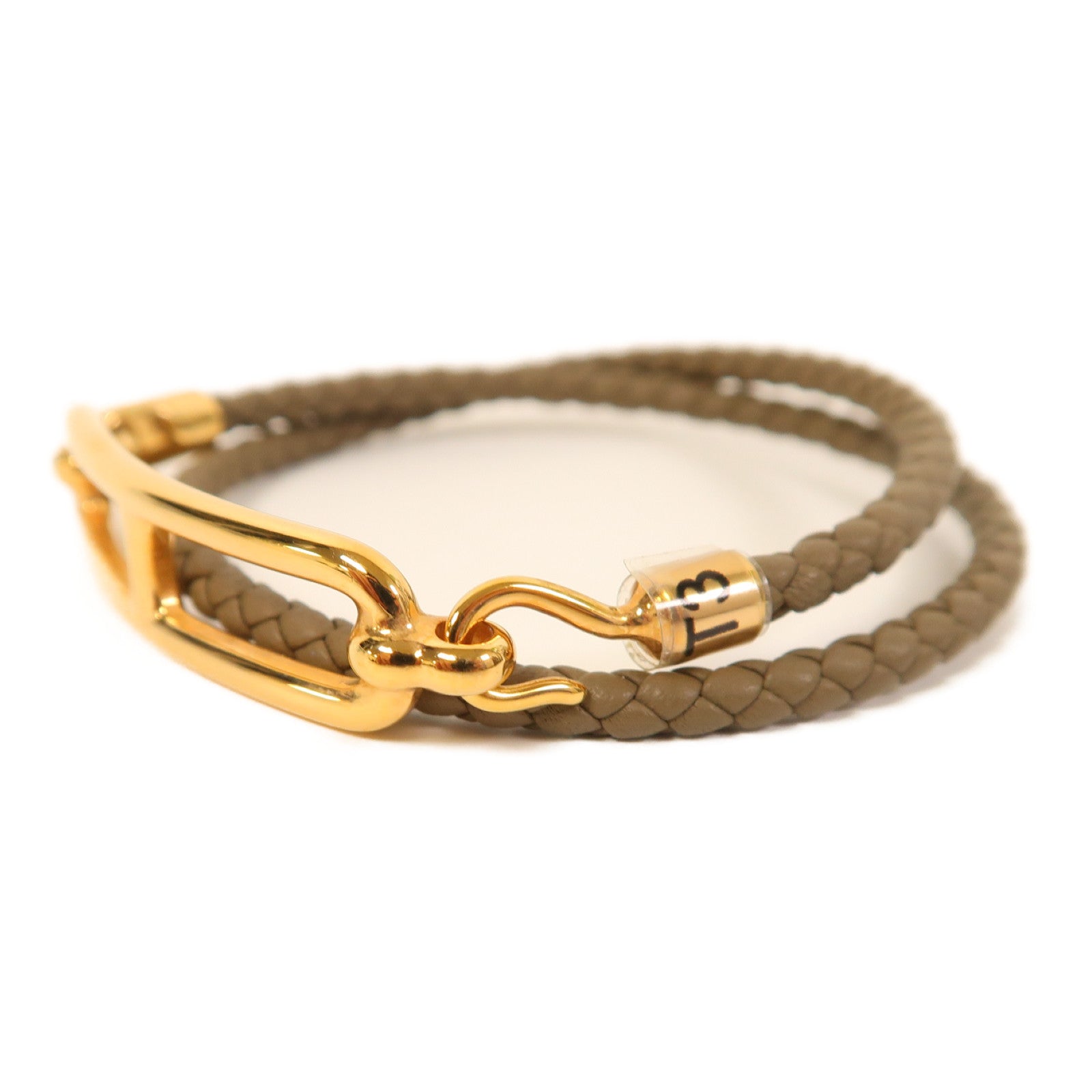 HERMES Swift皮革/金屬Roulis Double Bracelet金扣手鐲啡色