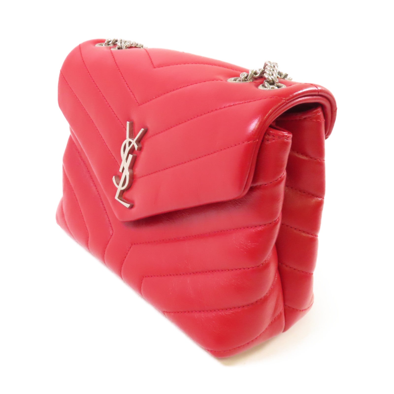 YVES SAINT LAURENT 斜紋牛皮皮革Shoulder Bag金扣鏈帶肩背袋紅色