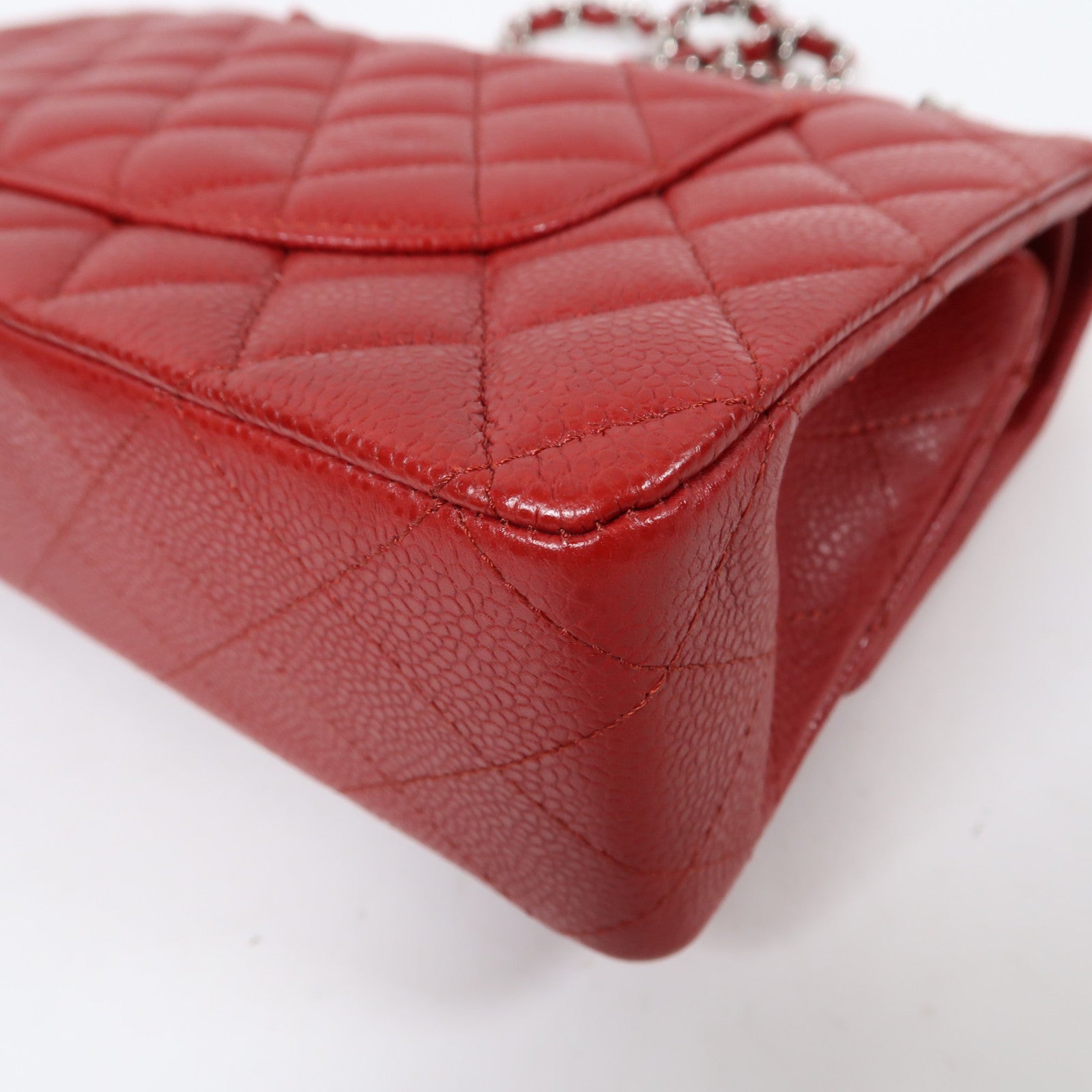 CHANEL 菱格Caviar皮革Classic Flap 25銀扣鏈帶肩背袋紅色