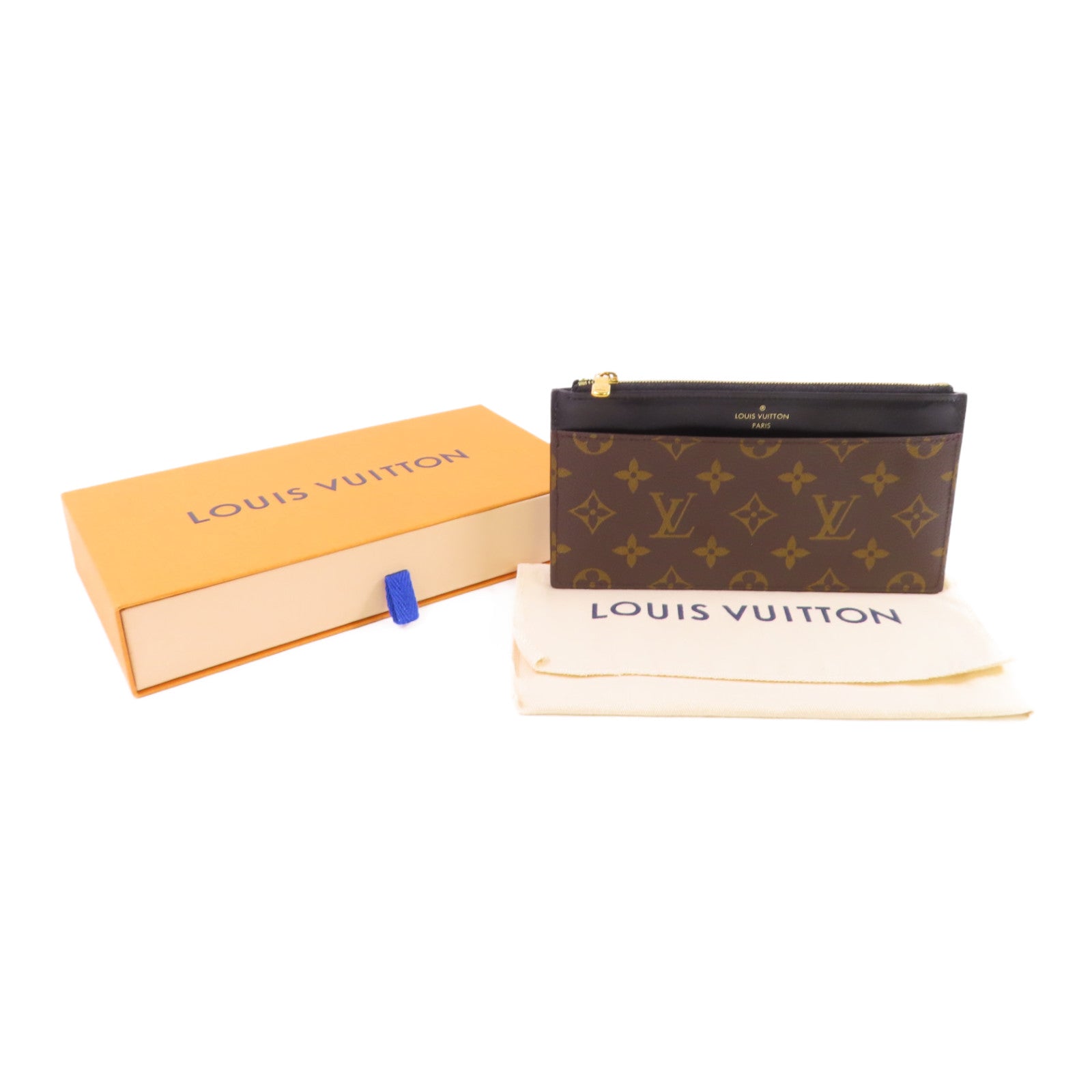 LOUIS VUITTON Monogram/牛皮皮革Slim Purse金扣拉鏈長錢包啡色/黑色