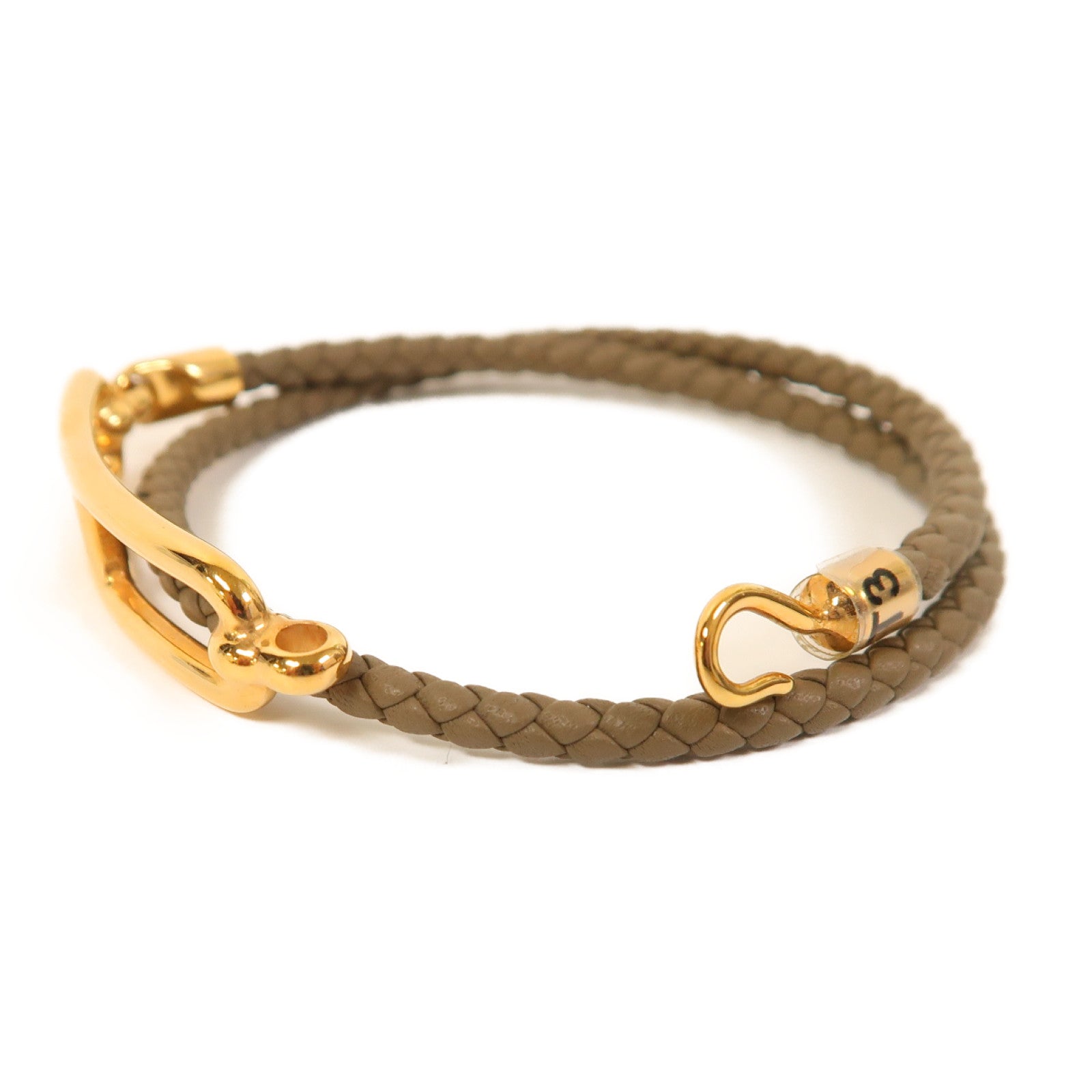 HERMES Swift皮革/金屬Roulis Double Bracelet金扣手鐲啡色