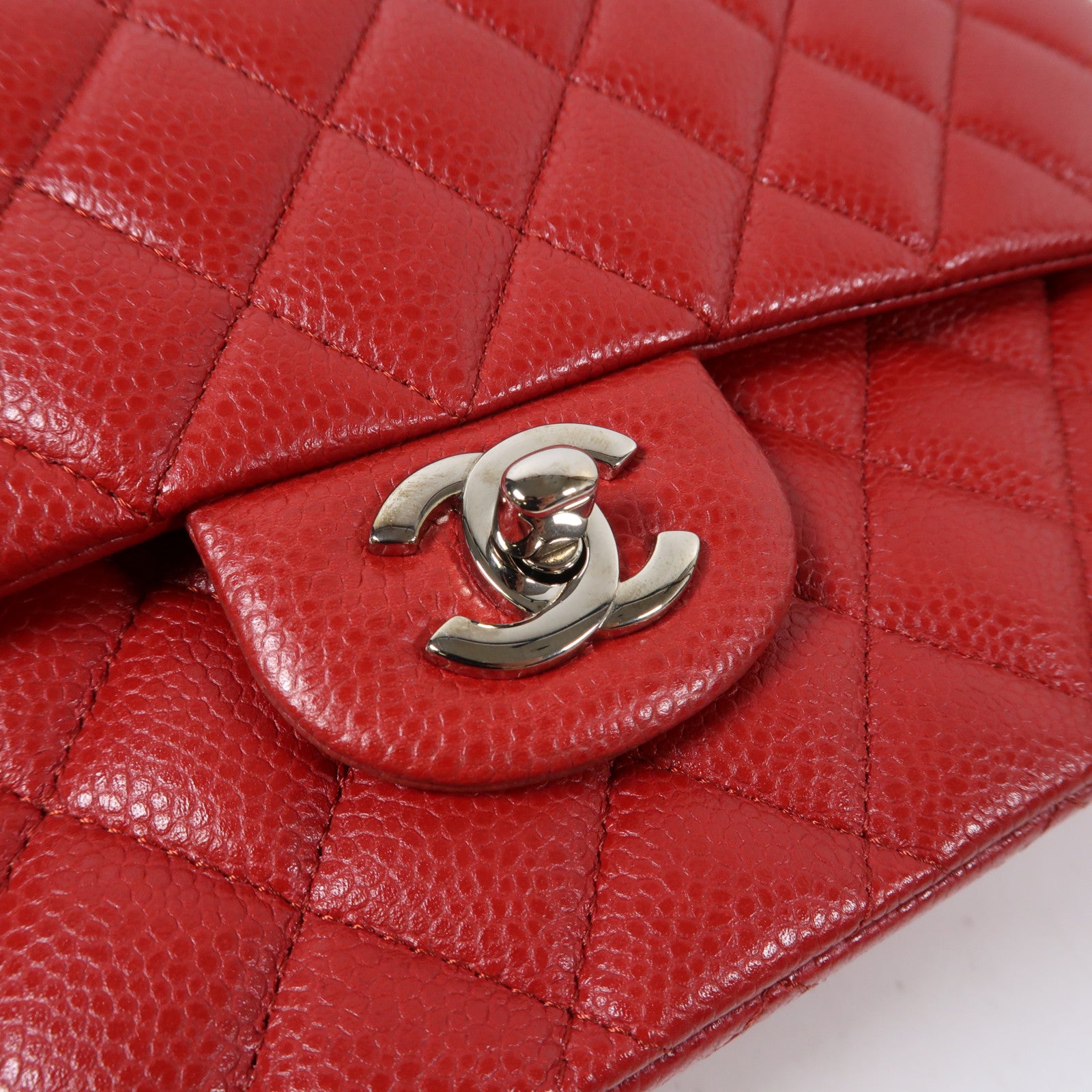 CHANEL 菱格Caviar皮革Classic Flap 25銀扣鏈帶肩背袋紅色