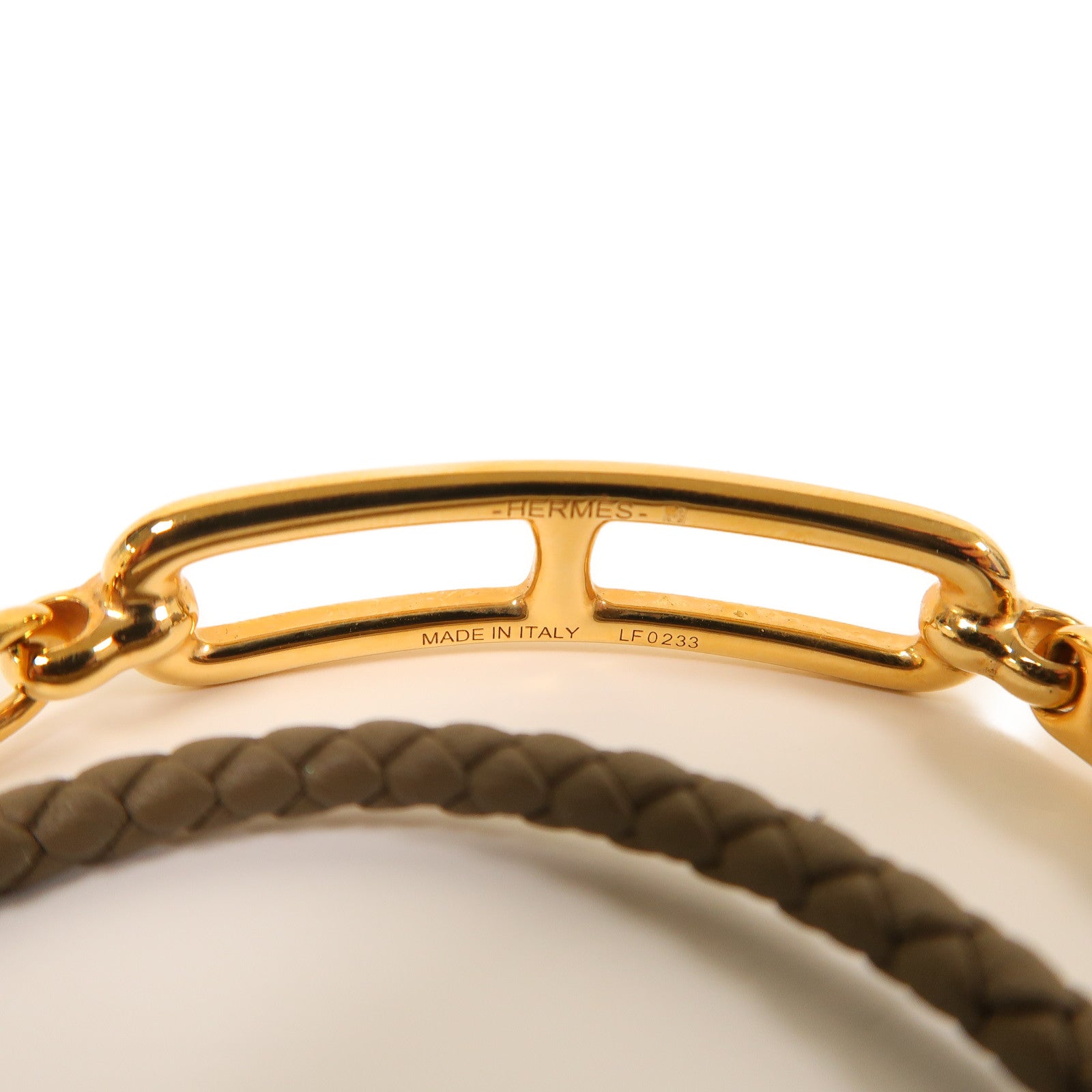 HERMES Swift皮革/金屬Roulis Double Bracelet金扣手鐲啡色