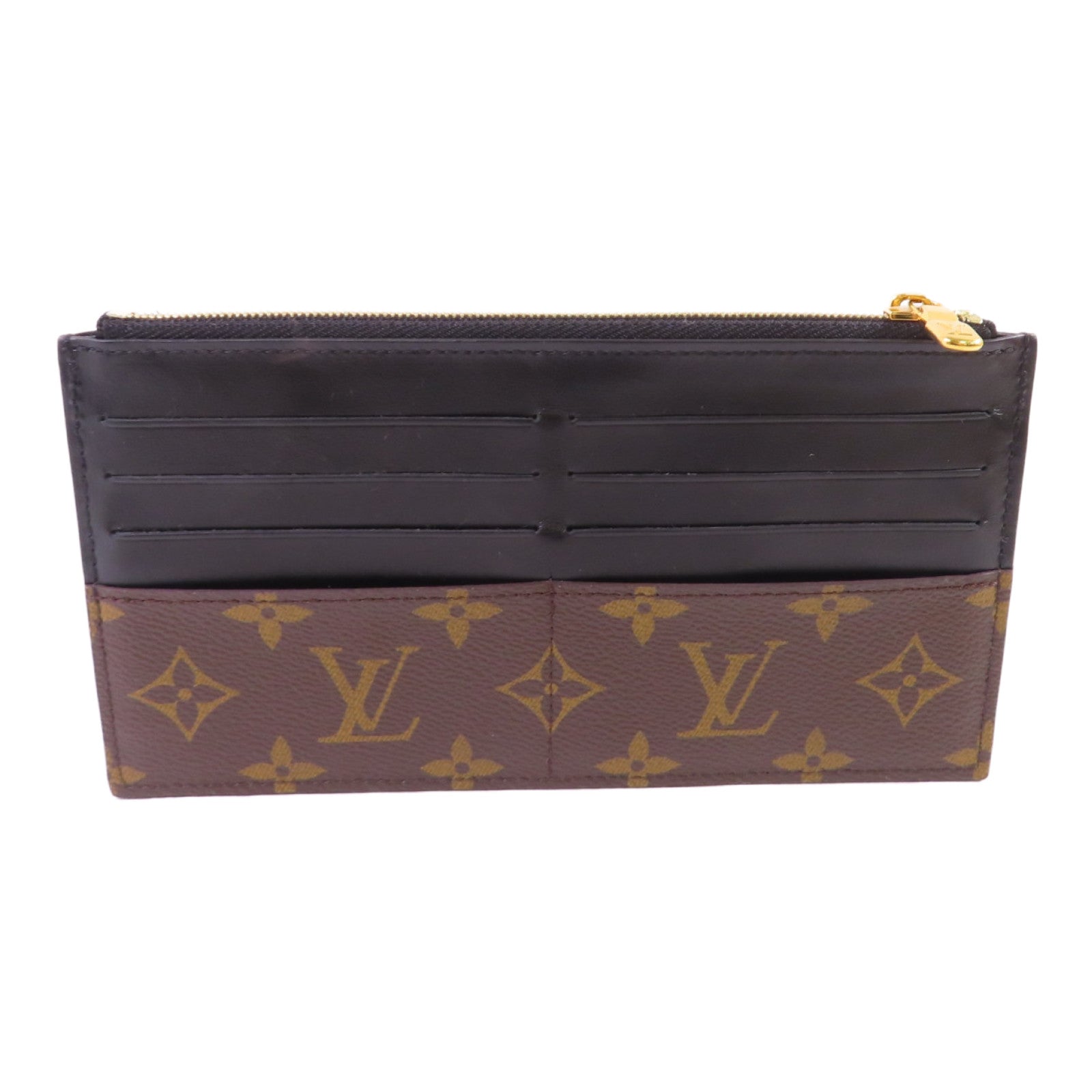 LOUIS VUITTON Monogram/牛皮皮革Slim Purse金扣拉鏈長錢包啡色/黑色