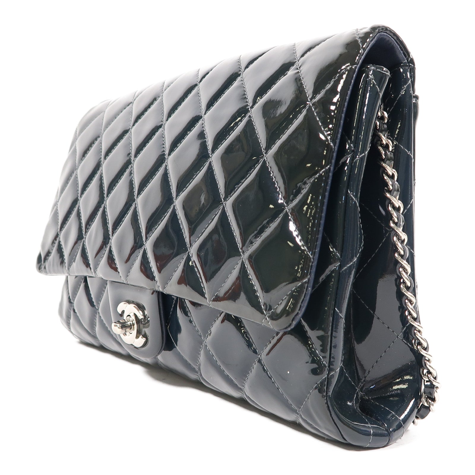 CHANEL 菱格漆皮皮革Chain Shoulder銀扣鏈帶肩背袋綠色