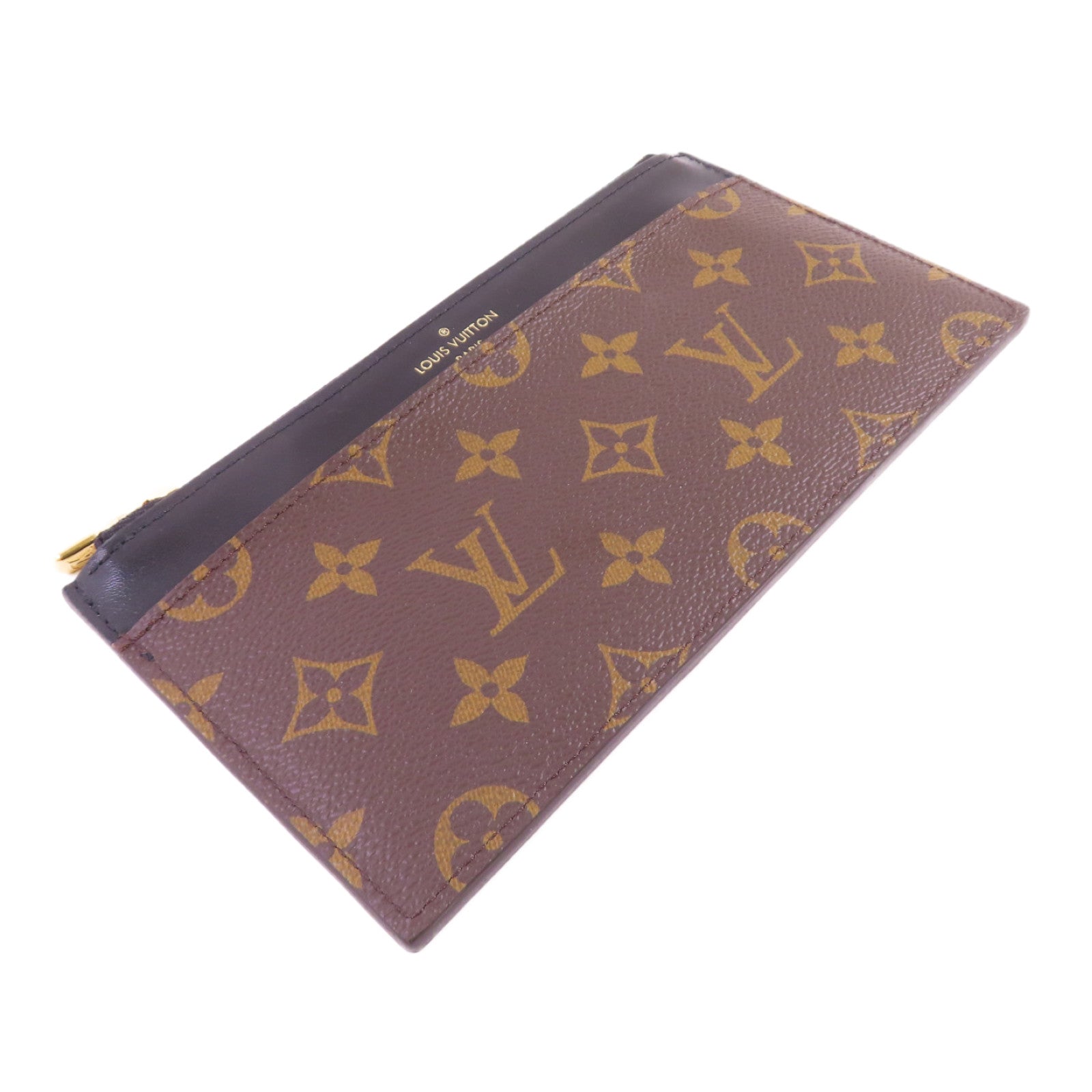 LOUIS VUITTON Monogram/牛皮皮革Slim Purse金扣拉鏈長錢包啡色/黑色