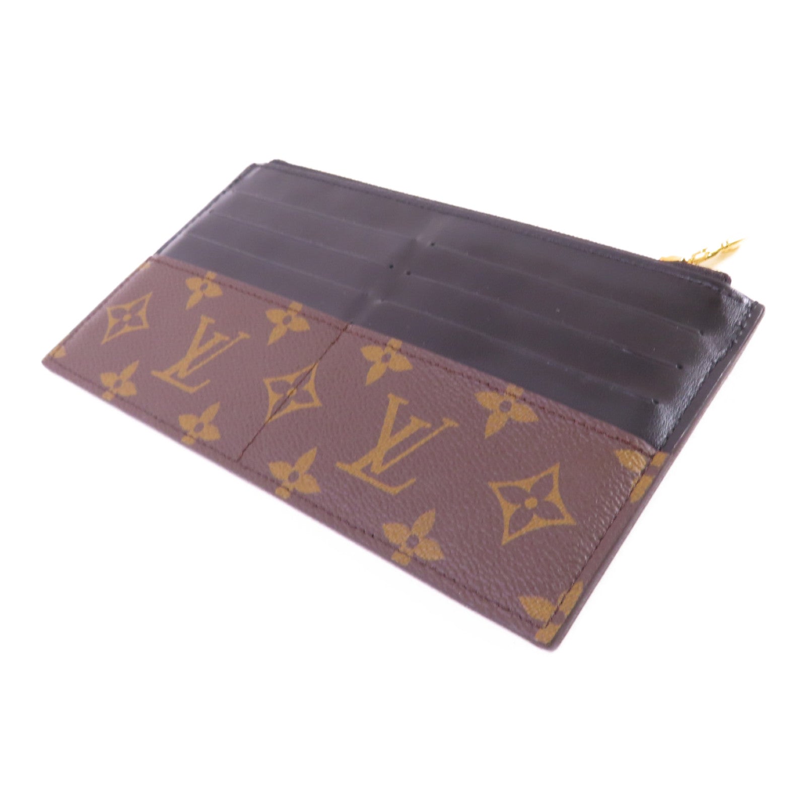 LOUIS VUITTON Monogram/牛皮皮革Slim Purse金扣拉鏈長錢包啡色/黑色