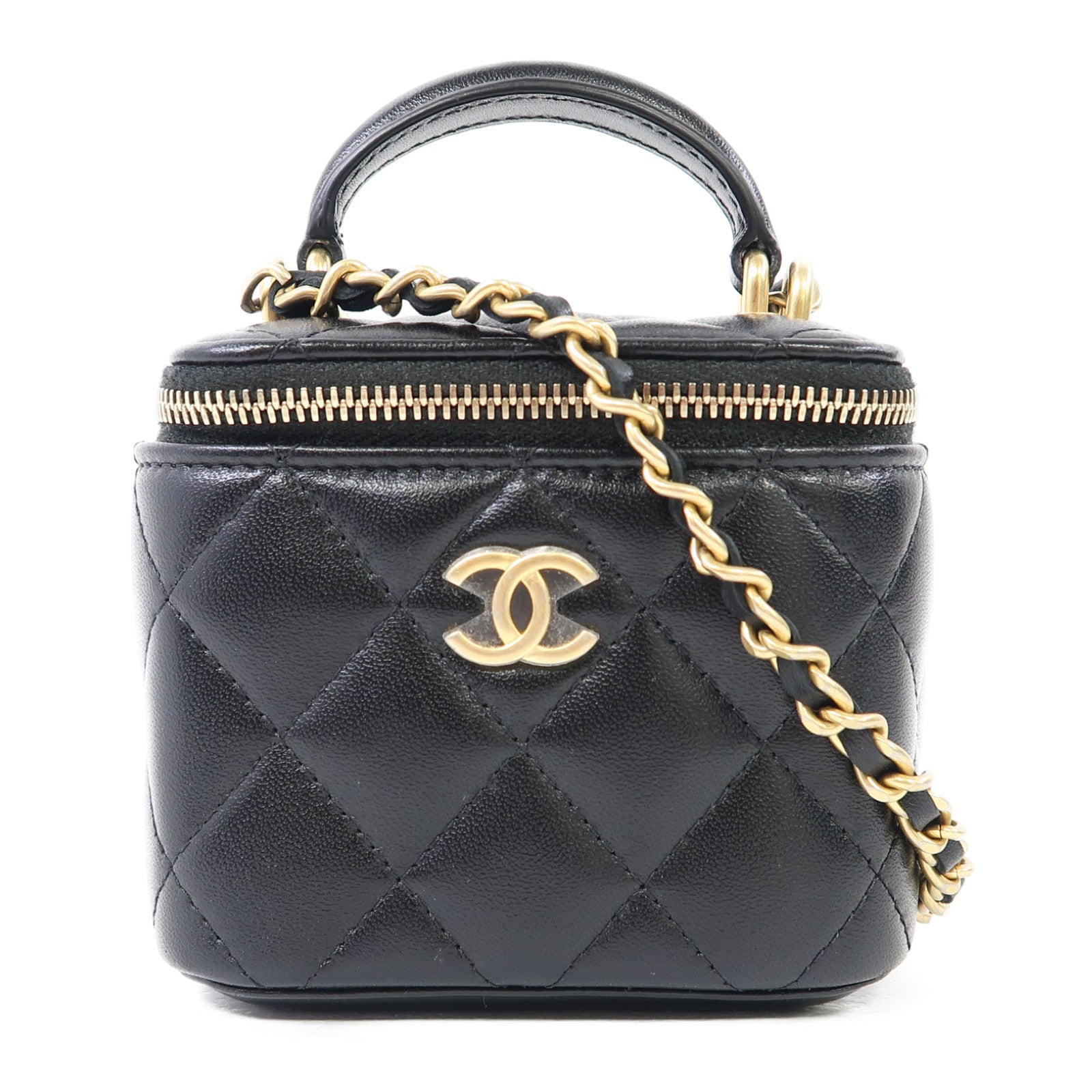CHANEL 菱格羊皮皮革Vanity Case金扣鏈帶肩背袋黑色