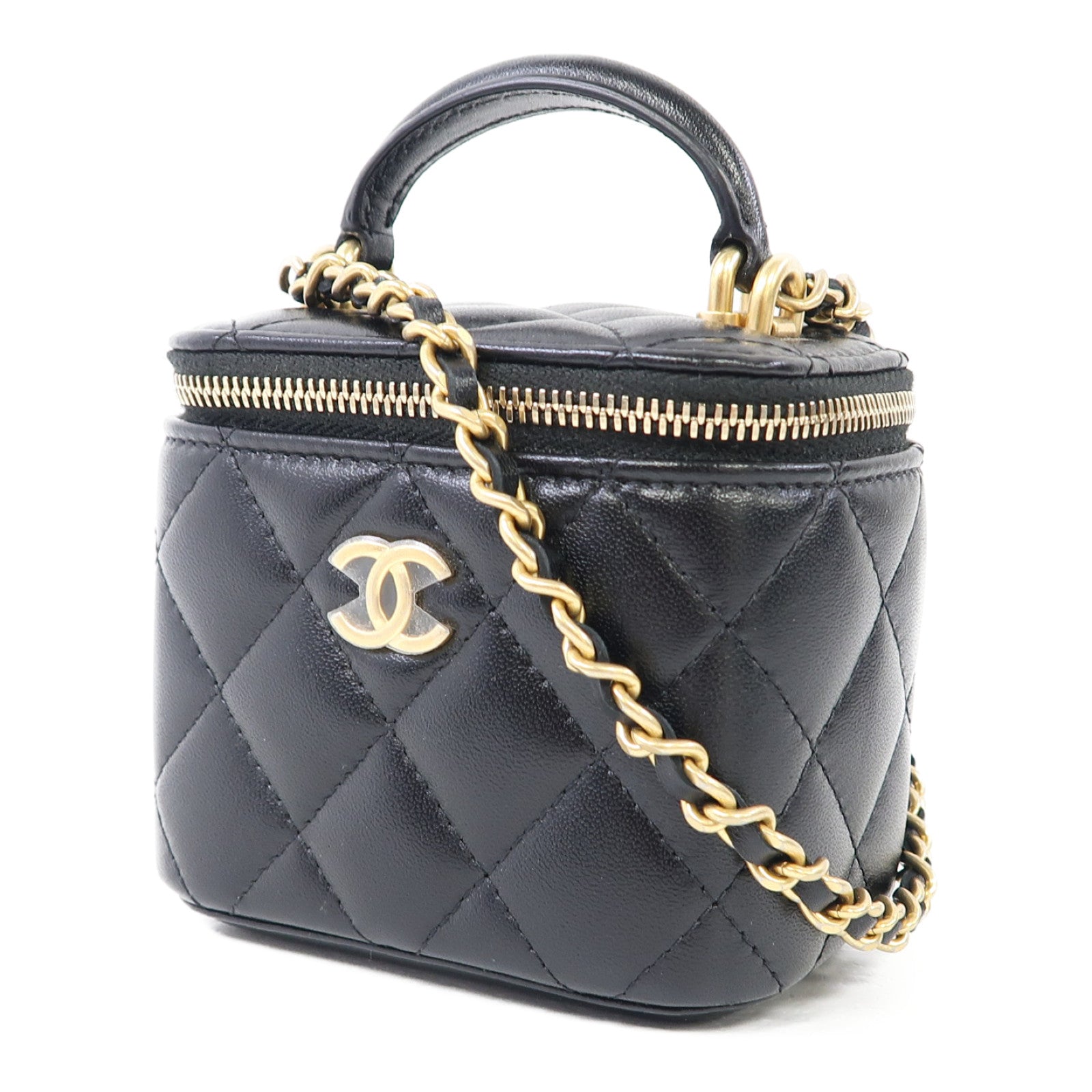CHANEL 菱格羊皮皮革Vanity Case金扣鏈帶肩背袋黑色