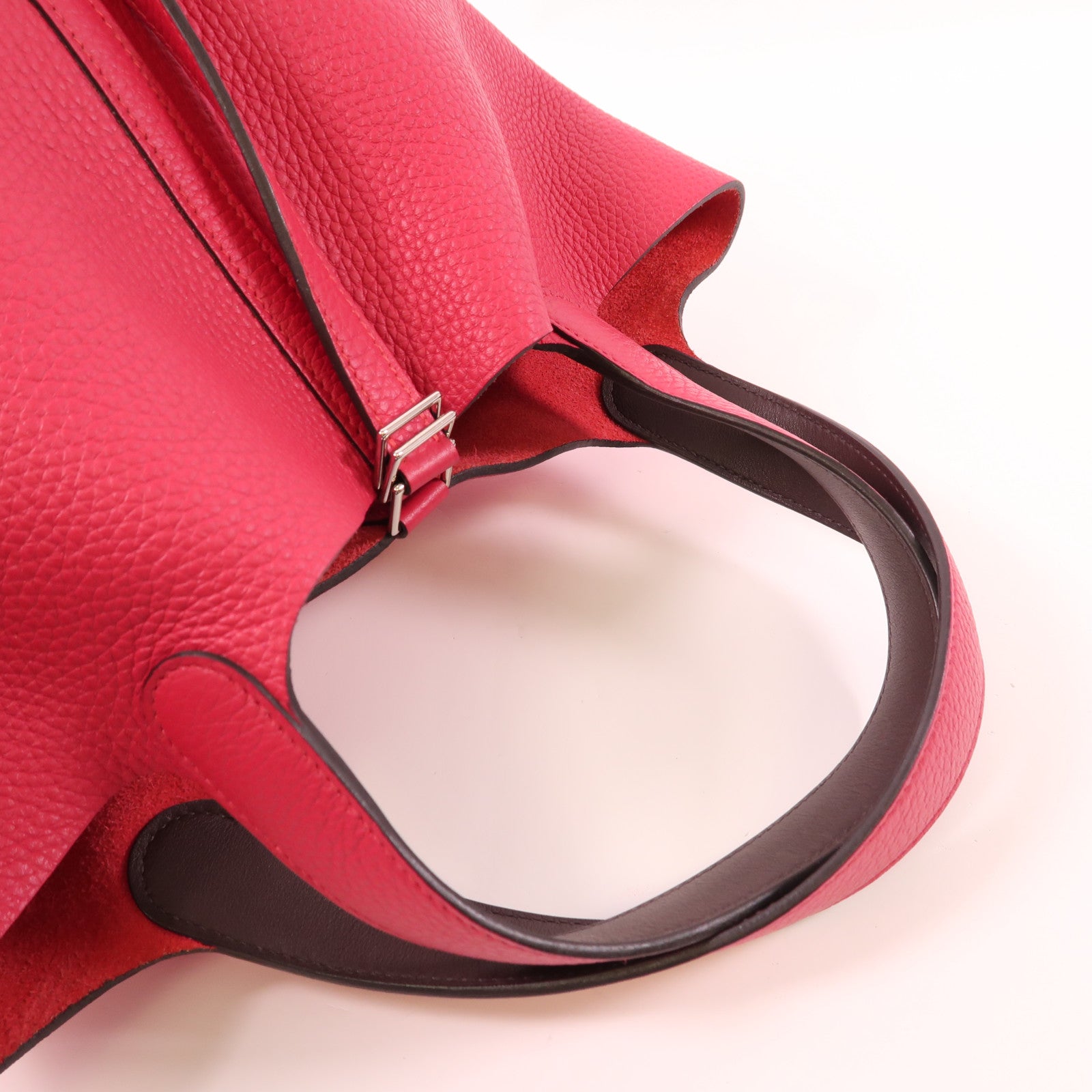HERMES PHW Picotin MM Handbag Taurillon Clemence Leather Framboise/Rouge Sellier