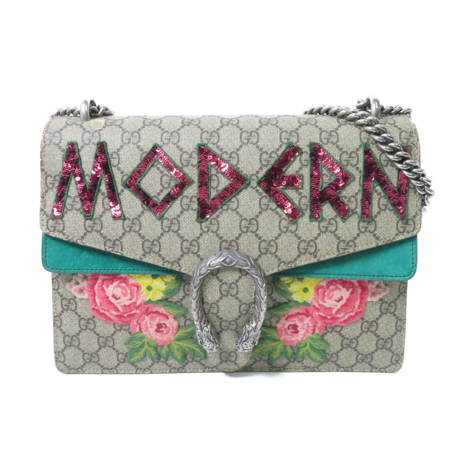 GUCCI 【激減優惠】塗層帆布Dionysus銀扣鏈帶肩背袋啡色/彩色