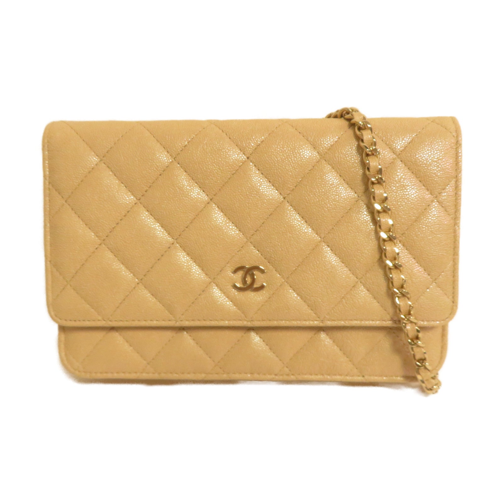 CHANEL 【激減優惠】菱格牛皮皮革Wallet On Chain金扣鏈帶肩背袋米色